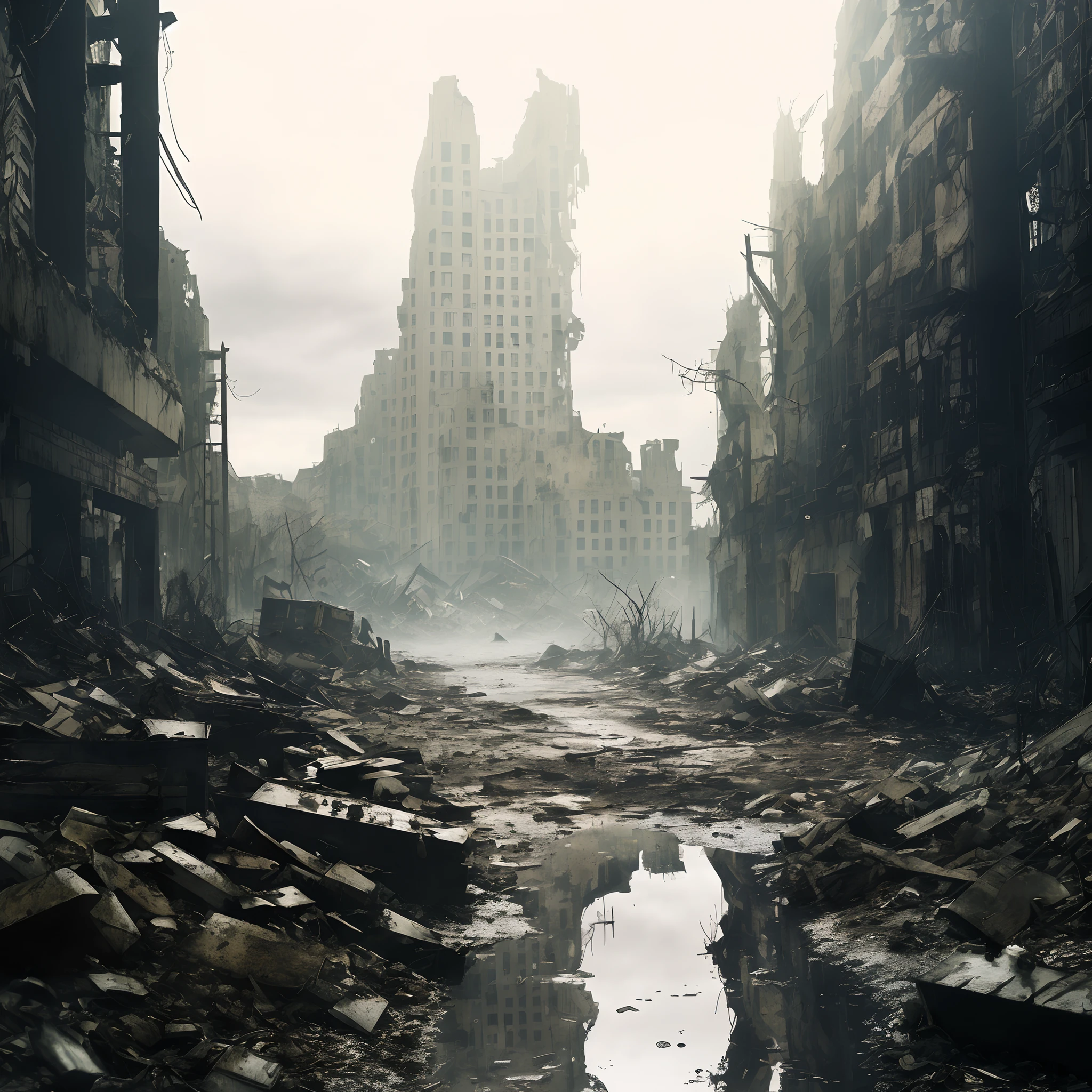 Gorgeous cityscape,There is a puddle of water in the middle, in a post apocalyptic city, outdoors ruined cityscape, destroyed city in background, post - apocalyptic city, dystopian wasteland, Ruined cityscape, em uma paisagem urbana arruinada, destroyed city, post - apocalyptic city streets, An abandoned dystopian city, apocalyptic city, post apocalyptic city, dystopian scifi apocalypse, bleak apocalyptic environment