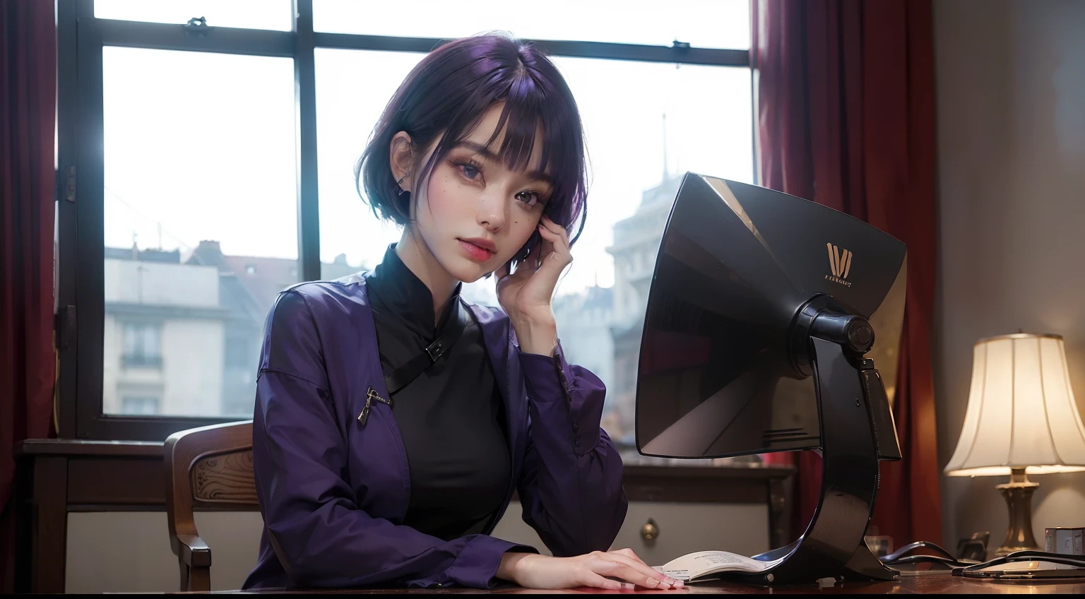 (realisitic,Photorealsitic:1.4),(1 Beauty:1.3),(beautiful countenance:1.5),Detailed shiny skin,A detailed eye,Precise hands and fingers,8K HDR, , masterpiece, Movie angle,电影灯光, Beautiful American,Work attire,Purple hair,short-hair,Paris,Multi-tenant,Bold poses,