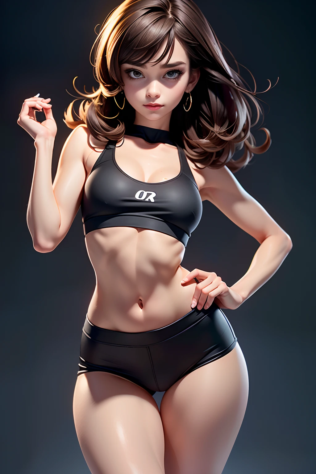 (Solo exhibition), (a detailed full-body RAW photo of a girl), (tmasterpiece:1.0), (best qualtiy:1.4), (超高分辨率:1.2), (realisticlying:1.4), 8K分辨率, a Canon EOS R5, 50 millimeters, absurderes, Hyper-detailing, (20yr old), Sharp focus, cinmatic lighting, Detailed beautiful face, (putting makeup on:1.2), (ulzang-6500-v1.1), Petite figure, detailed skin textures, paleskin, a flat chest, (Slimming and bodybuilding:1.3), thigh gap, Delicate brown hair,sweltering heat,Open your hands,Pick up your clothes,((wiping sweat))、(Very messy hair:1.5),ssmile,(Sports bra,sport leggings:1.4),realistic glittering skin,(perspired:1.45),Slim waist,Tempting,ssmile