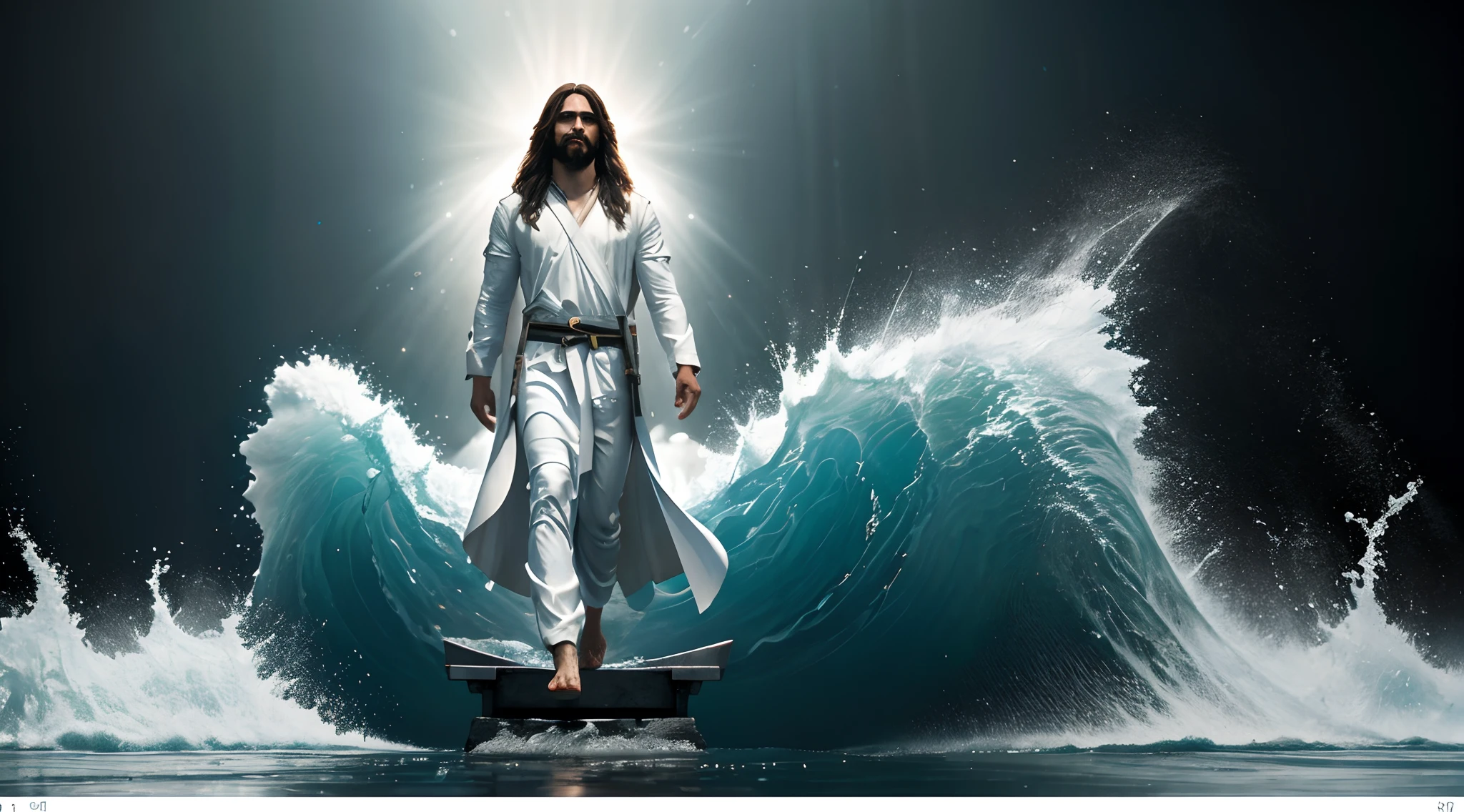 Jesus walking on water in the midst of a storm, obra-prima, melhor qualidade, alta qualidade, papel de parede 8k de unidade CG extremamente detalhado, fotografia premiada, Bokeh, Depth of Field, HDR, bloom, chromatic aberration, fotorrealista, extremamente detalhado, trending on ArtStation, trend at CGSociety, intrincado, alto detalhe, dramatic, arte no meio da jornada, volumeric lighting, ULTRA REALISTA,