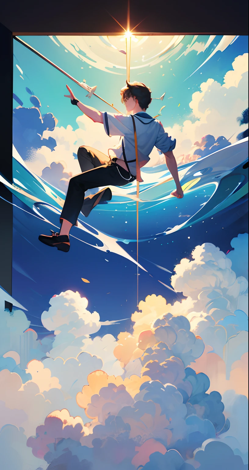 masterpiece, best quality, movie still, 1boy, floating in the sky, cloud girl, cloud, (close-up:1.1), bright, happy, fun, soft lighting, (Bauhaus, shapes, lines, abstract:1.1)
