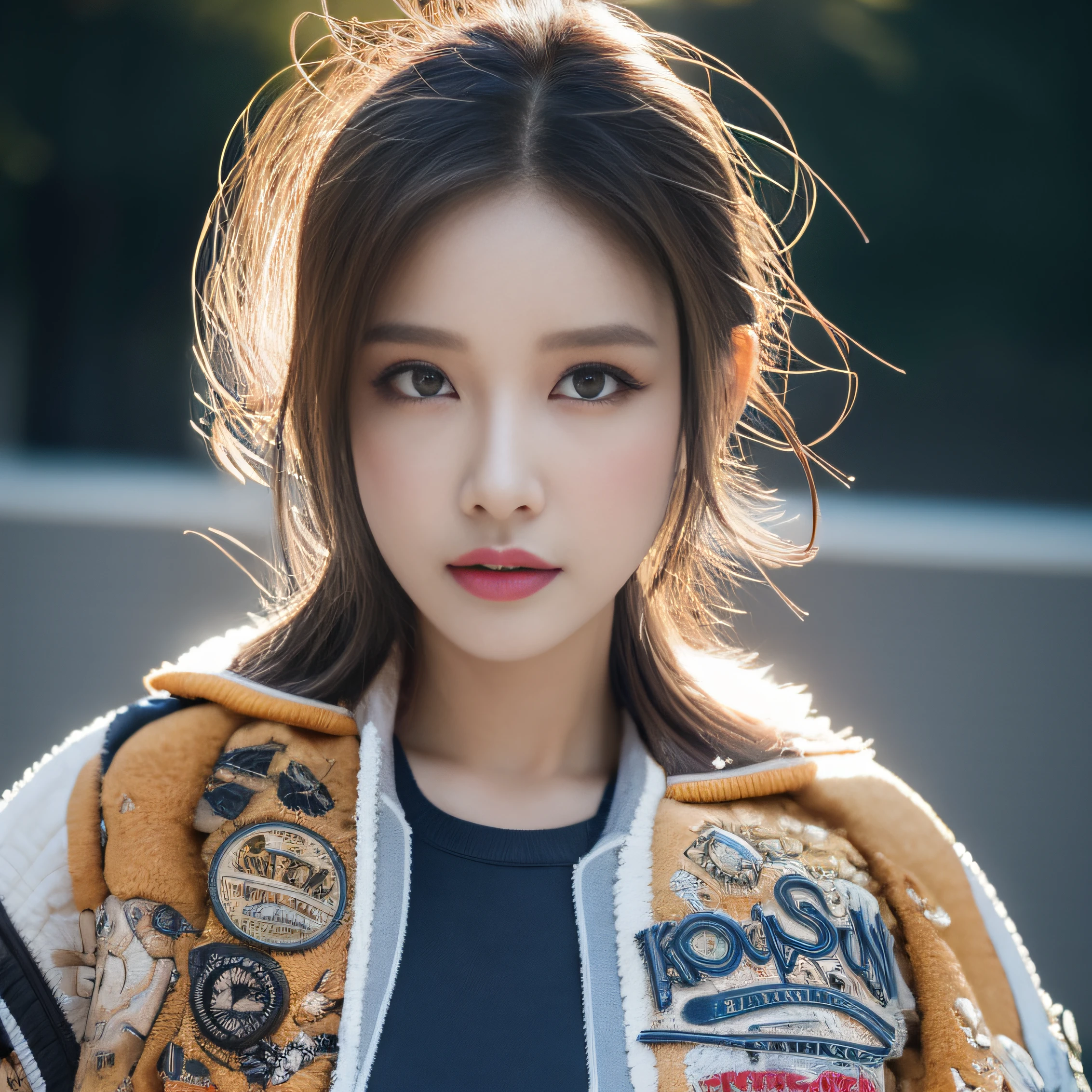 (((whole body))), (goddess-like happiness:1.2), Kpop idol, Koean mix, (RAW photo:1.2), (photorealistic:1.4), (masterpiece:1.3), (intricate details:1.2), delicate, beautiful detailed, (detailed eyes), (detailed facial features), ((varsity jacket with tshirt inside:1.5)), tall female, petite, small breasts, narrow waist, skin tight, (looking_at_viewer), from_front, big circle earrings, slim_legs, (skinny), (best quality:1.4), (ultra highres:1.2), cinema light, outdoors, (extreme detailed illustration), (lipgloss, eyelashes, best quality, ultra highres, depth of field, caustics, Broad lighting, natural shading, 85mm, f/1.4, ISO 200, 1/160s:0.75),