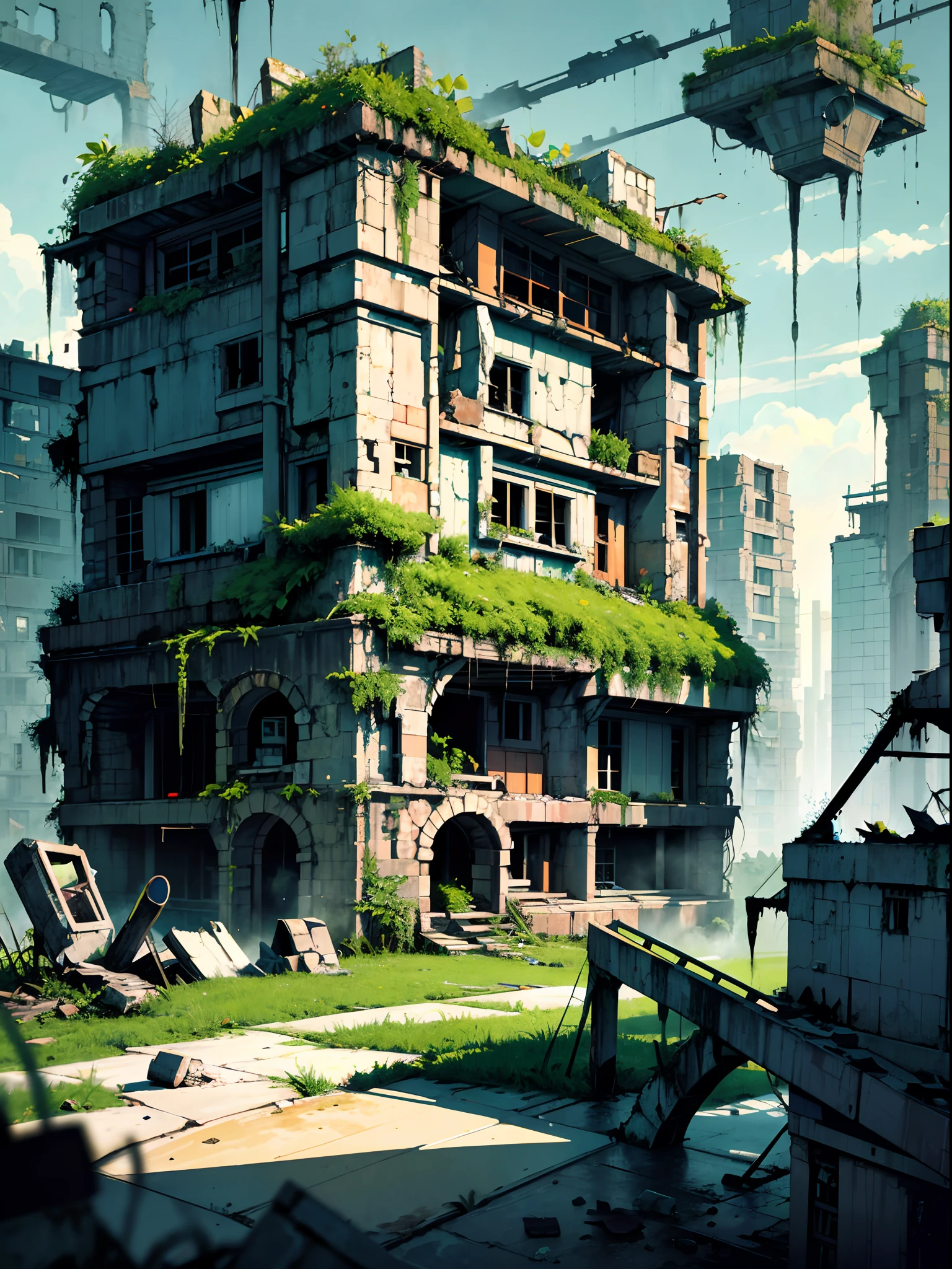 (Overgrown abandoned city),Destroyed cities,Dilapidated city,tattered,废墟,with dynamism,Extremely colorful,an overgrown,(postapocalyptic:0.8),Natural recycling,Green,Idyllic,exalted,hoang lap,ultra-realistic realism,Textured,max detail,Slr