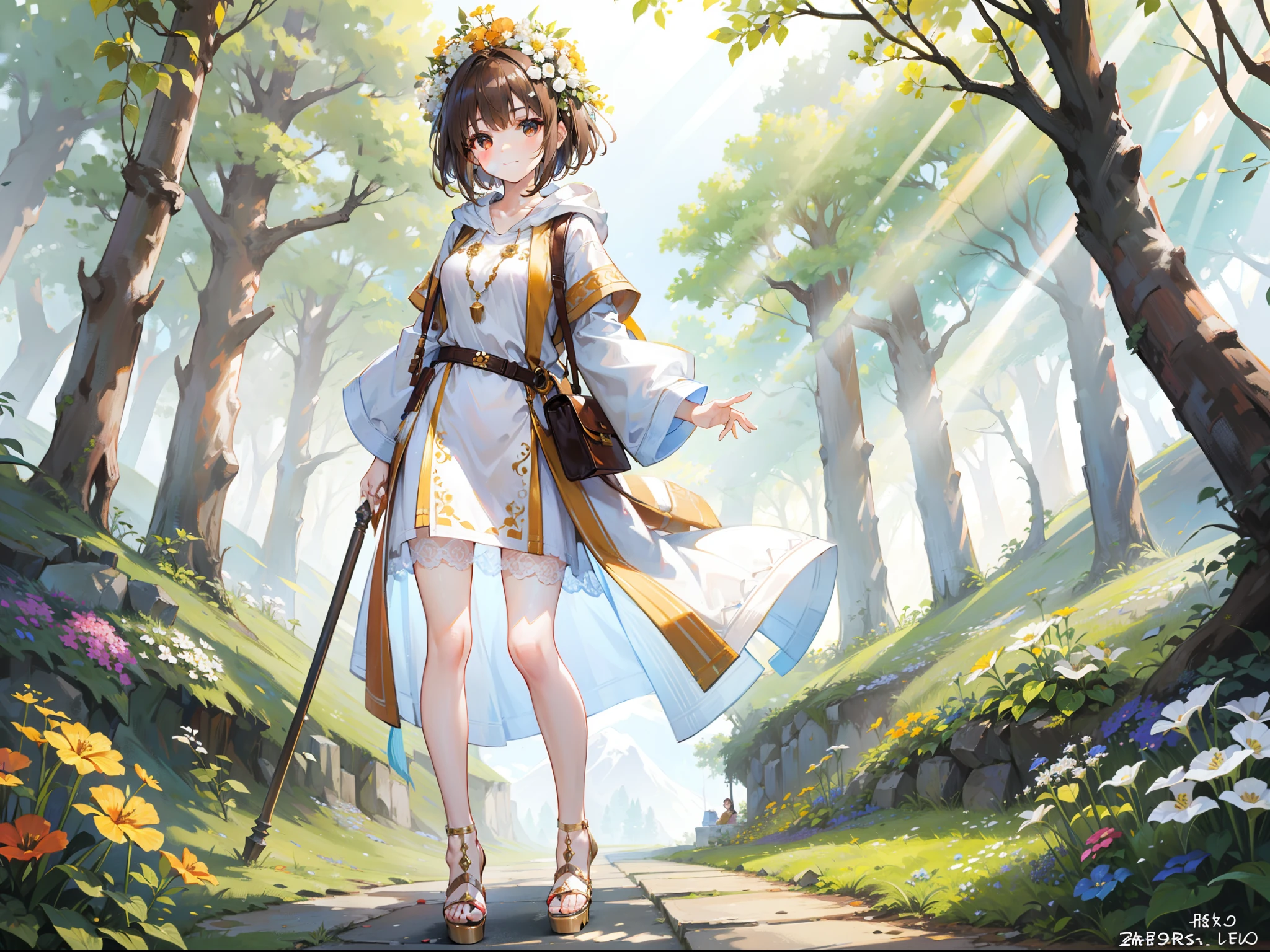 Beautiful girl with brown hair，Wears a white and brown hooded tunic，Bare legged，Brown high heels，Wear a circle of flowers and plants on your head，short detailed hair，Stand among the sunny mountains and forests，With a smile