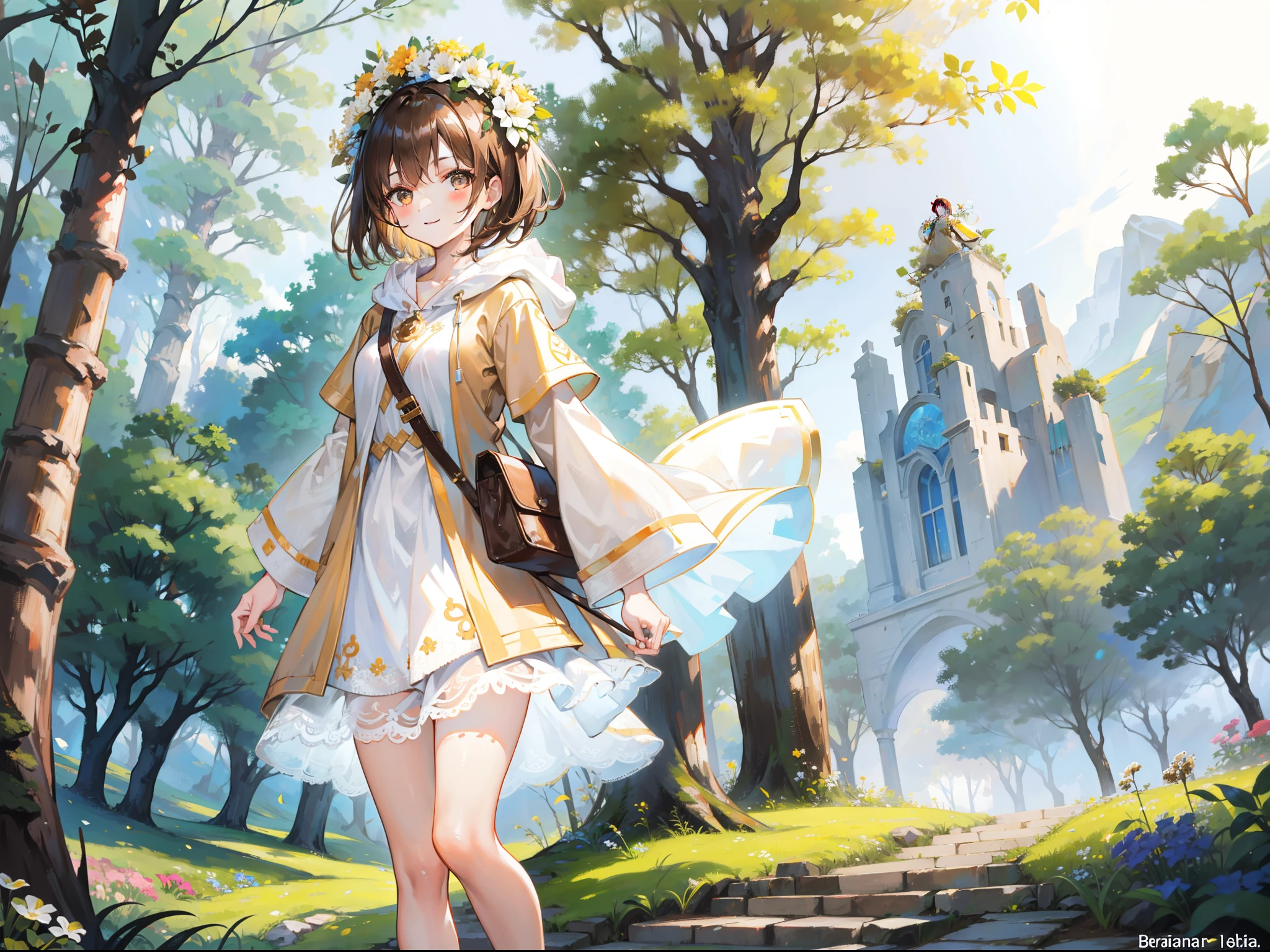Beautiful girl with brown hair,Wears a white and brown hooded tunic,Bare legged,Brown high heels,Wear a circle of flowers and plants on your head,short detailed hair,Stand among the sunny mountains and forests,With a smile