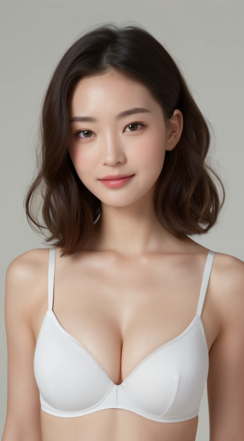((Best picture quality, 8K, tmasterpiece:1.3)), 1girll, Beautiful woman with slender abs:1.3, (Casual hairstyle, No leakage of big breasts:1.2), Low-cut bra,Super large,Ultra-fine face, A detailed eye, 二重まぶた,ssmile,Home,The figure is very bad,tiny small waist,Super big breasts,Close-up,Close-up chest,White-skinned,The background is casual,Close-up Shot Shot