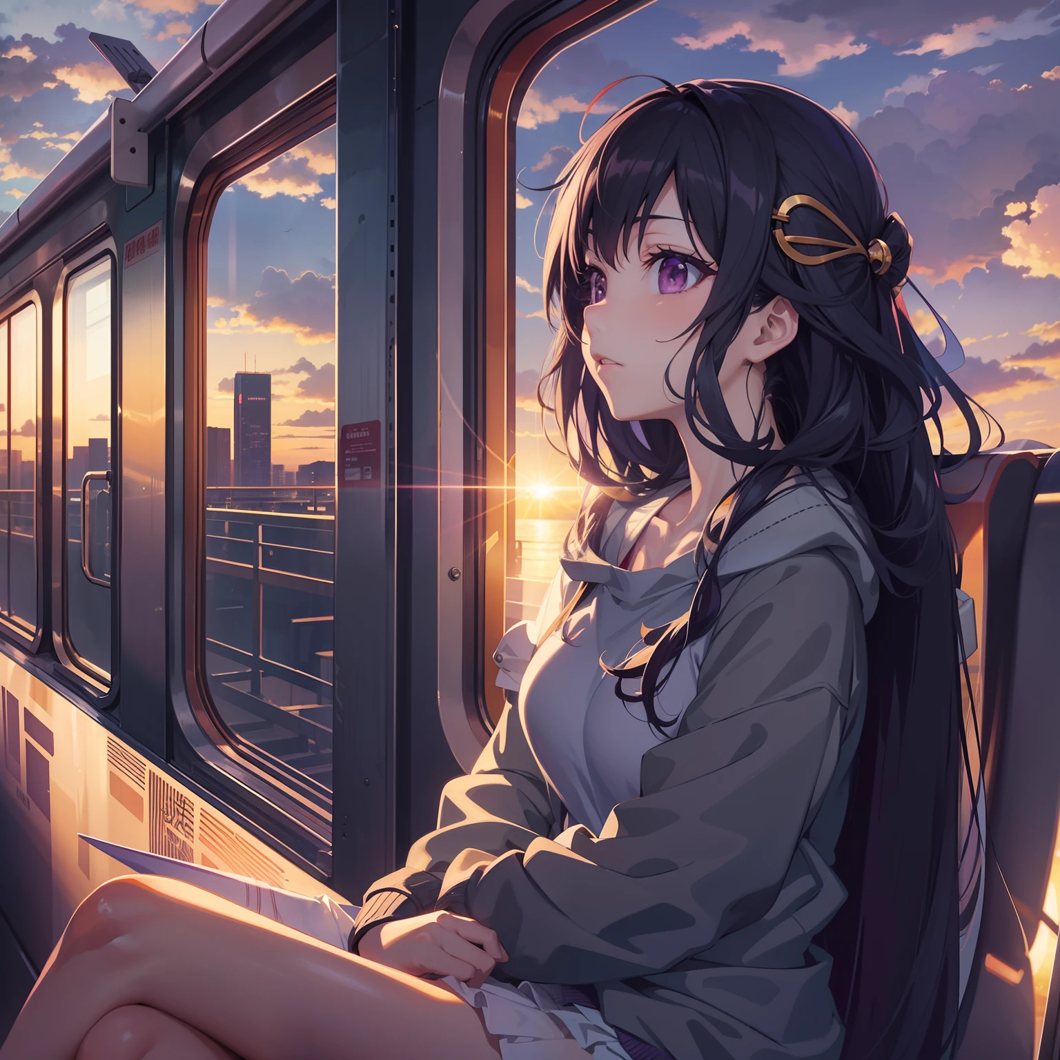 Anime girl with long black hair and purple eyes sitting on a train, watching the sunset. anime big breast, ((Sunset)), With sunset, with a sunset, Sunset!, Sunset!!!, Anime style. 8K, Anime girl with long hair, at a beautiful sunset, Inspired by Yang J, In the sunset, up of young anime girl, An anime girl, Gold post-processing Shinkai Makoto style