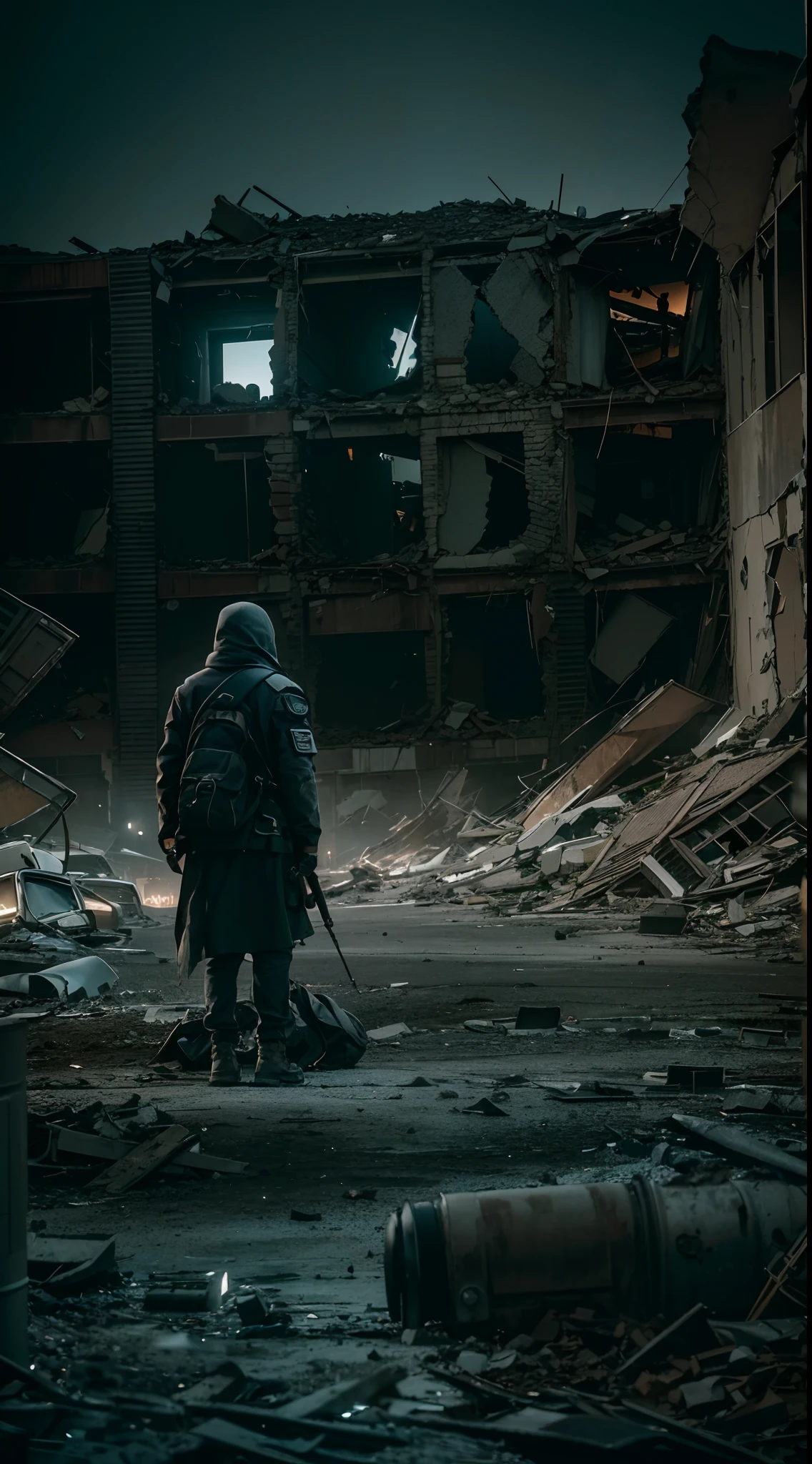 A desolate post-apocalyptic cityscape, shrouded in darkness and moonlight, collapsed buildings and twisted metal litter the streets, a solitary figure traversing the ruins, the only source of light coming from a flickering lantern they carry, Photography, captured with a prime lens (50mm) to emphasize the figure's isolation