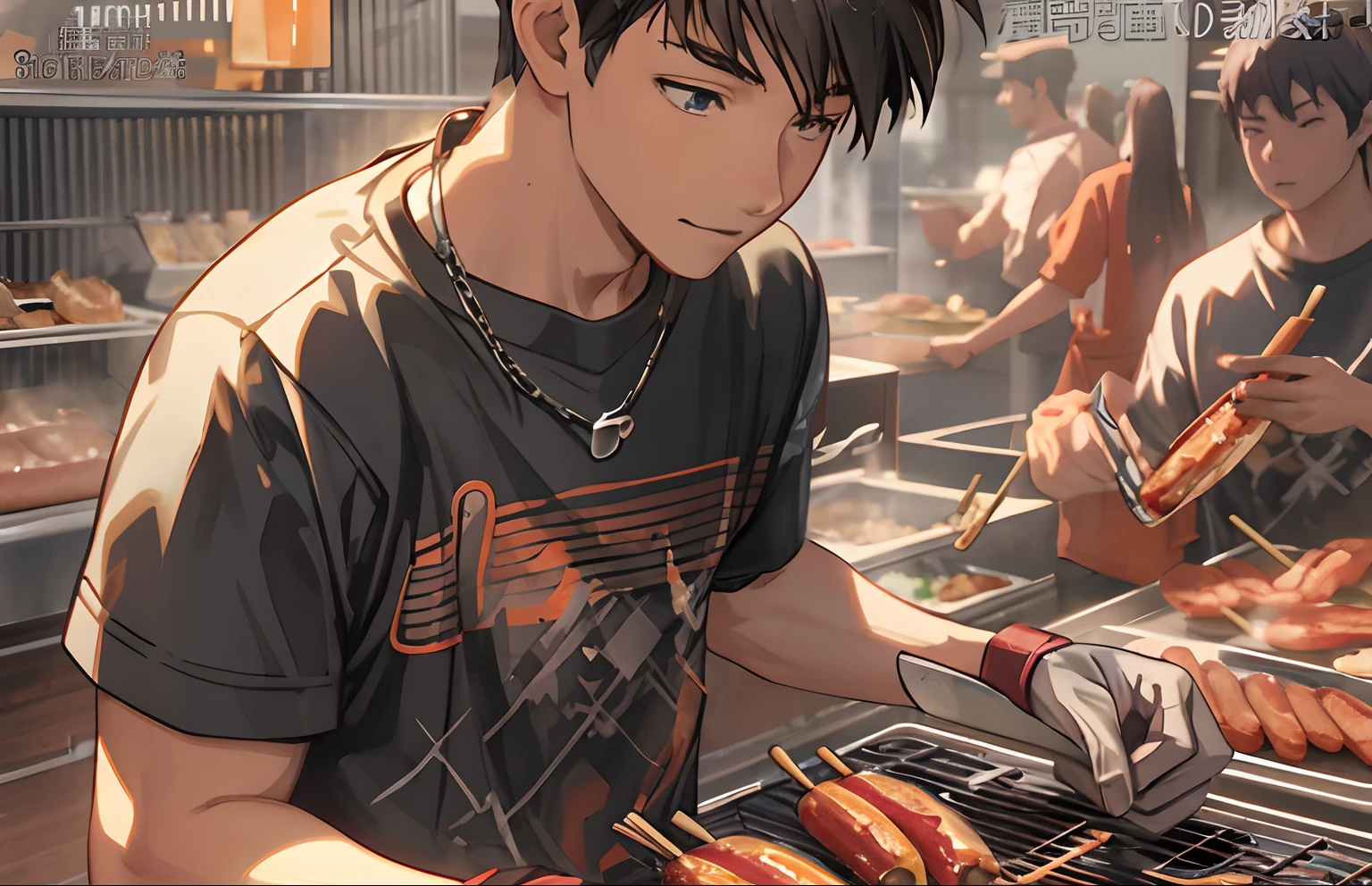 Anime boy cooking hot dog on restaurant grill, Kawasi, author:Shitao, Cooking, Guviz-style artwork, Makoto shinkai style, Realistic anime 3 D style, Tanjiro Kamado, trending on cgstation, Cai Xukun, Guviz, High Quality Anime Art Style, cooking it up, by Yang J