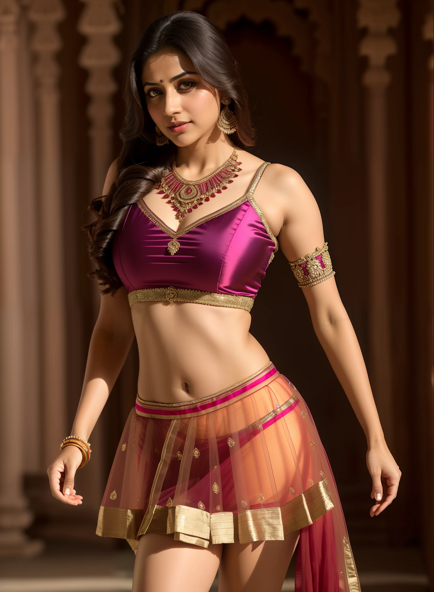 Btflindngds, a beautiful girl, 1girl, solo girl, brown eyes, full body, big brown lips, gorgeous actress, Indian, photograph by artgerm and (greg rutkowski:0.3), (cinematic:0.4) lighting, big breasts, breast cleavage, ((silky short transparent ghagra choli)), sexy legs, curvy thighs, Royal Mansion , fit body, sexy girl