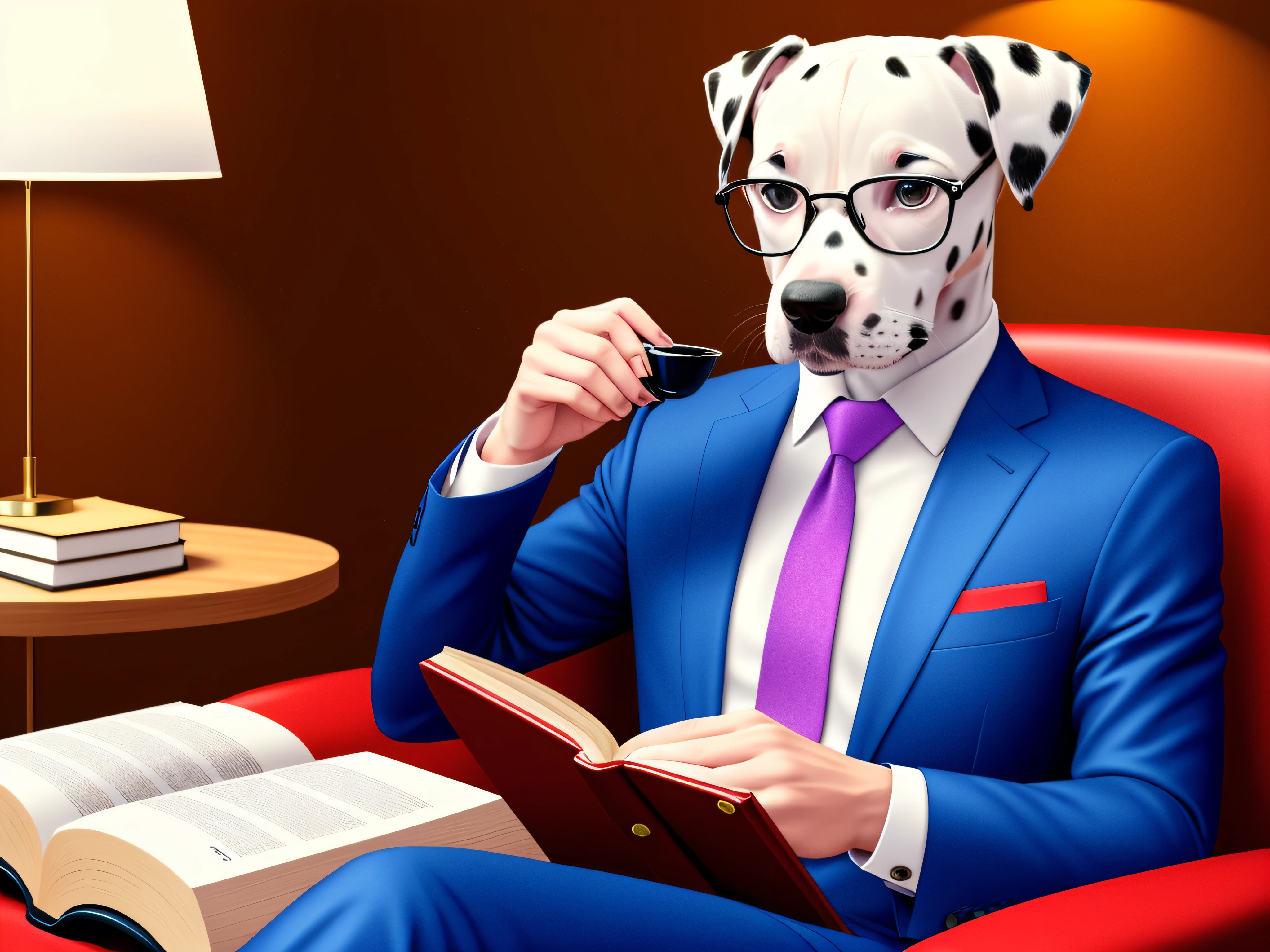 Puppy
dalmatian wearing glasses, drinking coffee, in a suit and tie reading a book, vibrant colors, strong 8k, realistic, fine lines,