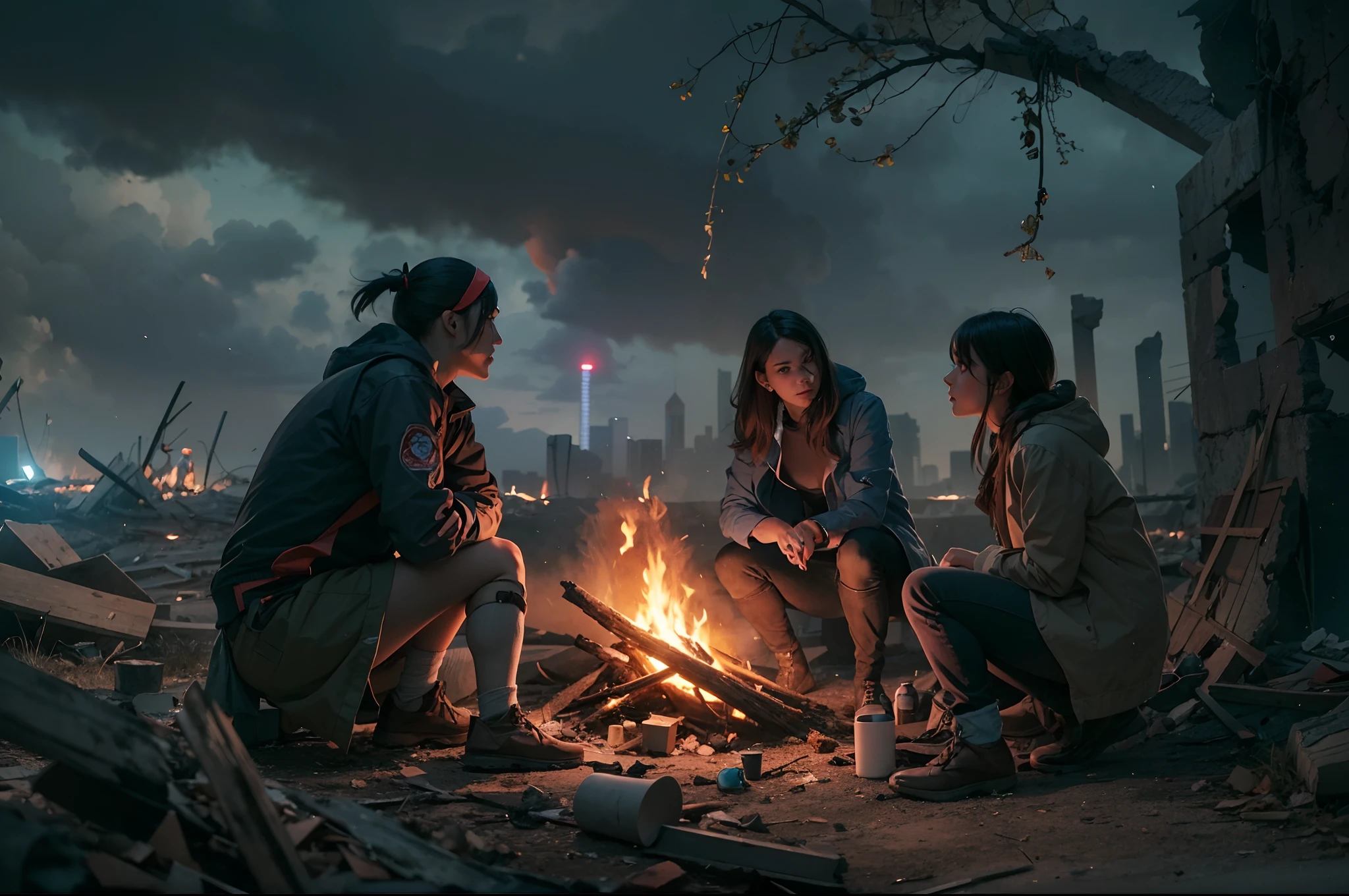 Amidst the ruins of a once-thriving city, a small group of survivors huddle around a makeshift campfire, their faces illuminated by the warm glow, dark clouds loom overhead, hinting at an impending storm, Illustration, digital art with attention to facial expressions and lighting contrasts