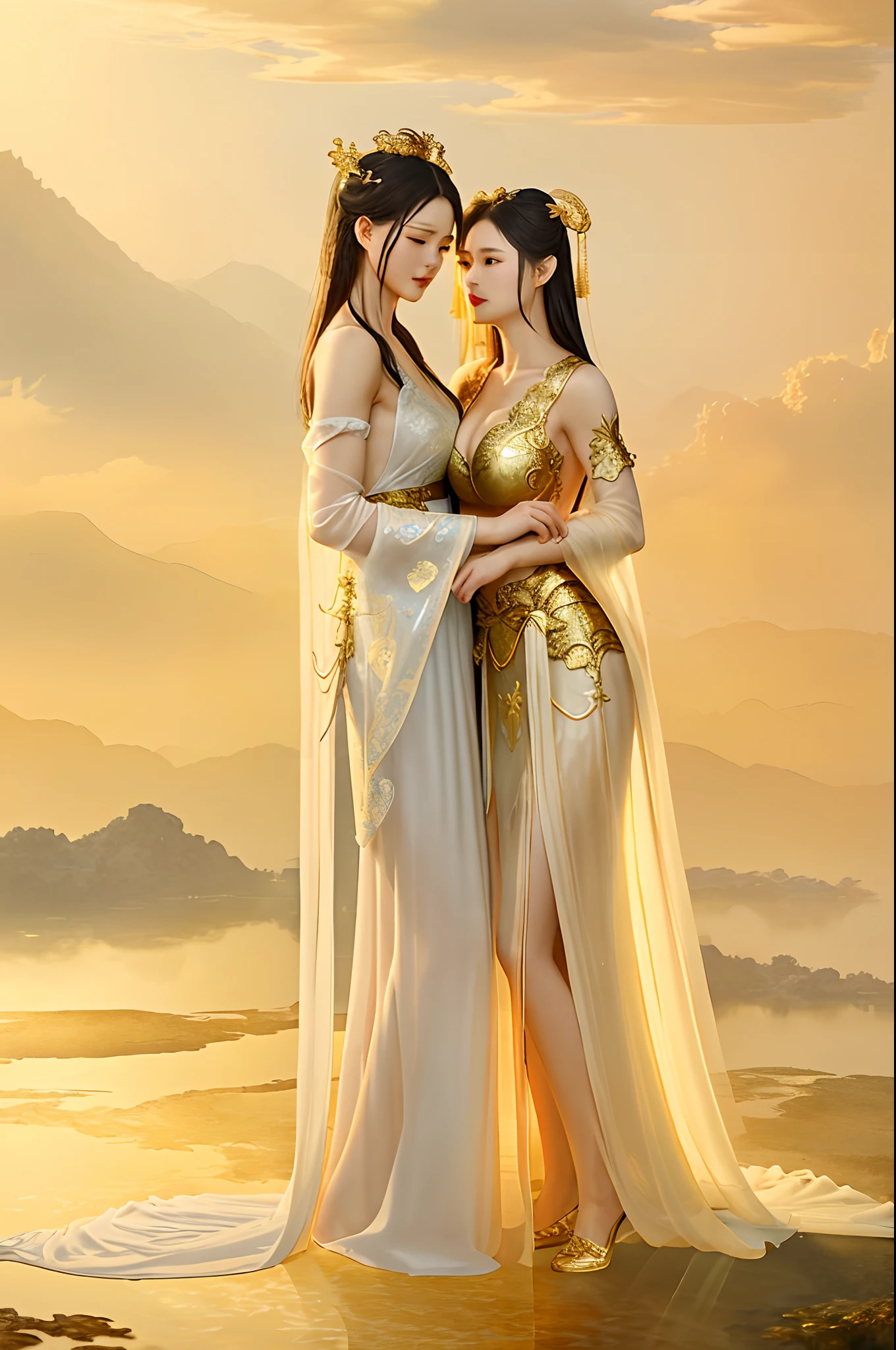 (couple cuddling) rough man Zeus muscular naked, beautiful, sexy, big breasts, cleavage, bare legs, see-through, standing, hanfu, wet, clear, realistic, highest detail, Chinese mythology, dragon pattern, phoenix, sacred, holy, golden mountains, heavenly palace, countless palaces, clouds, golden light