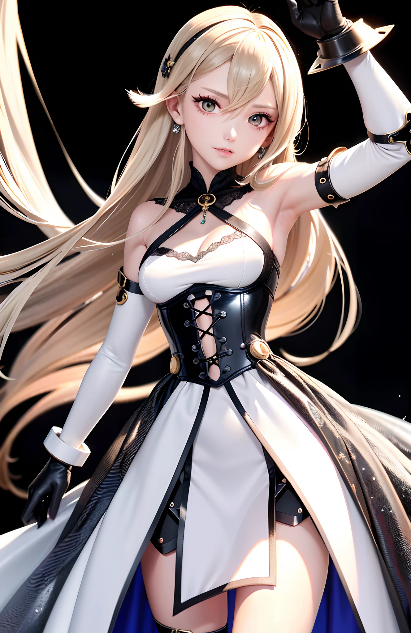 optimum，tmasterpiece，A high resolution，best qualtiy，hyper HD，super detailing，Award-Awarded，16k，独奏，（The upper part of the body），anatomy correct，Beautiful steampunk girl，Lady Knight，cute  face，high light，Gradient Beige Hair，Hairline，（（Scarlet eyes）），Metal eye patch，long eyelasher，Hanging eye corners，White skin of the，（small boobs），（Slim body），（（Sheet metal armor）），（（Metal dress）），（（Metal arm armor）），（），ear studs，（neck rings），（Metal Material Apparel：1.2）