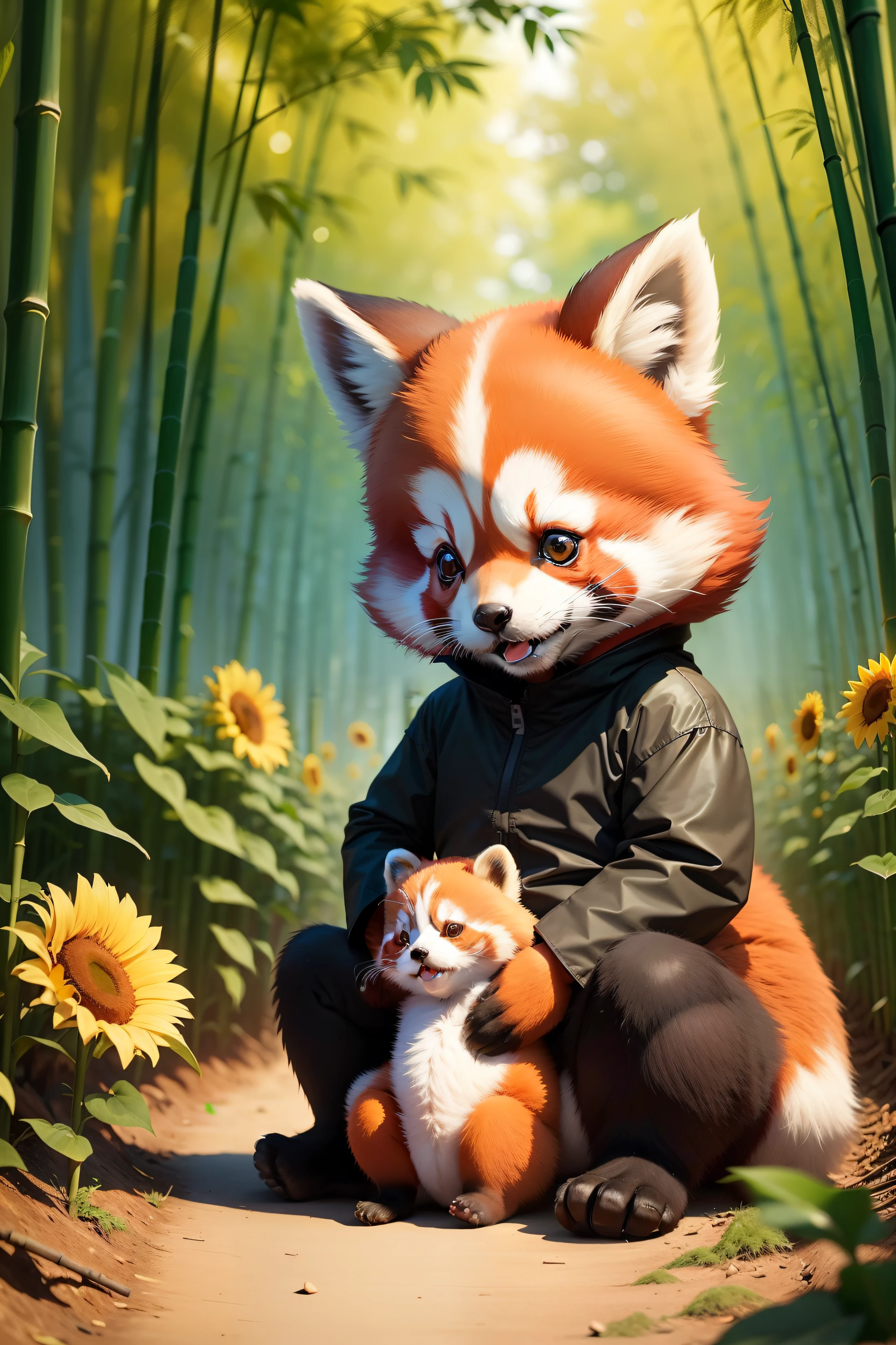 In a bamboo forest, There are a lot of cute red pandas,A cute boy picks bamboo sunflower under bamboo。