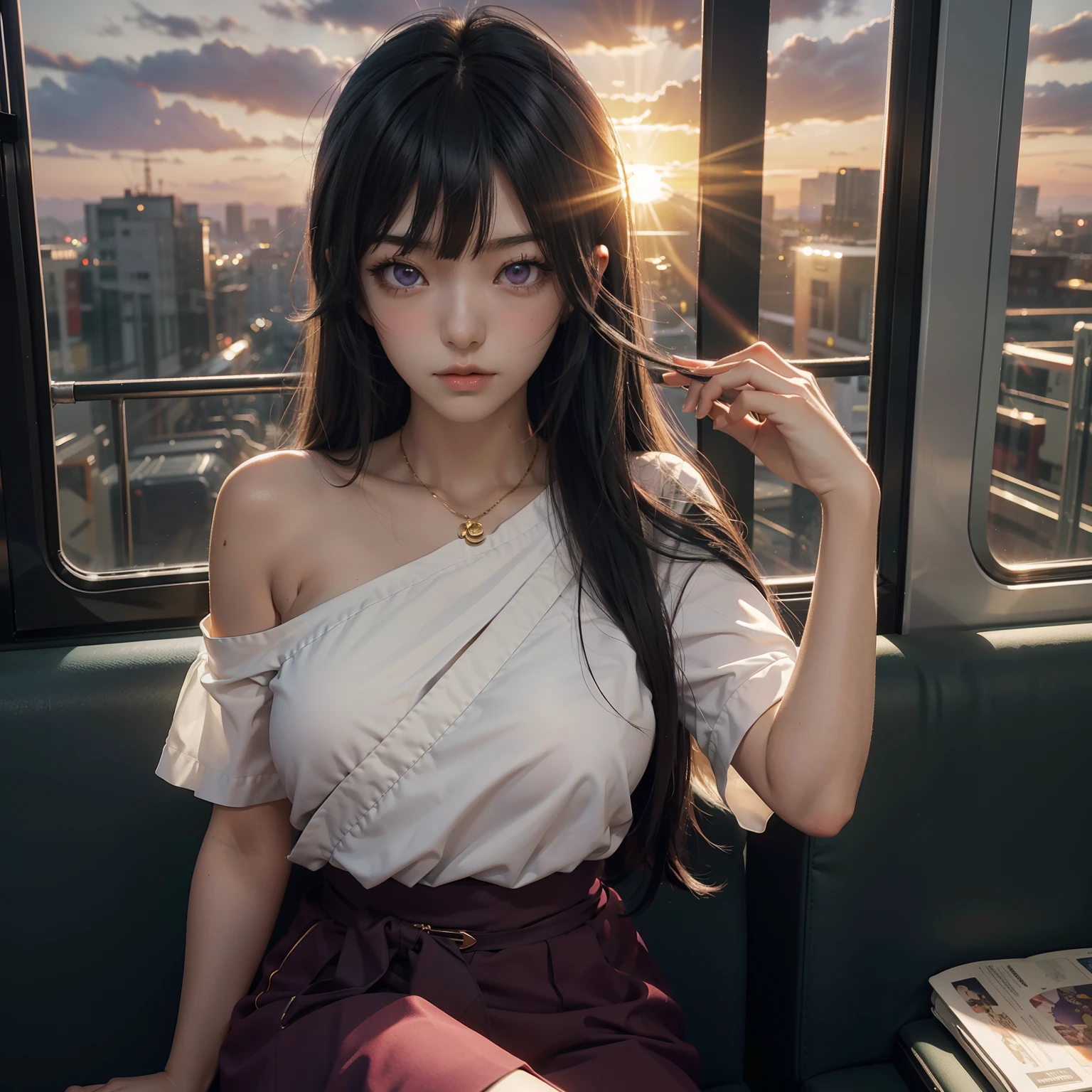 Anime girl sitting on the train and looking out the window, Beautiful anime portrait, Portrait of Lofy at a window, Beautiful anime girl, Portrait of Lofy, Lo-Fi Girl, Portrait Anime Girl, Artwork in the style of Guweiz, High quality portrait, As the sunset, Charming anime girl, Cute anime girl, Realistic cute girl, Anime style. 8K