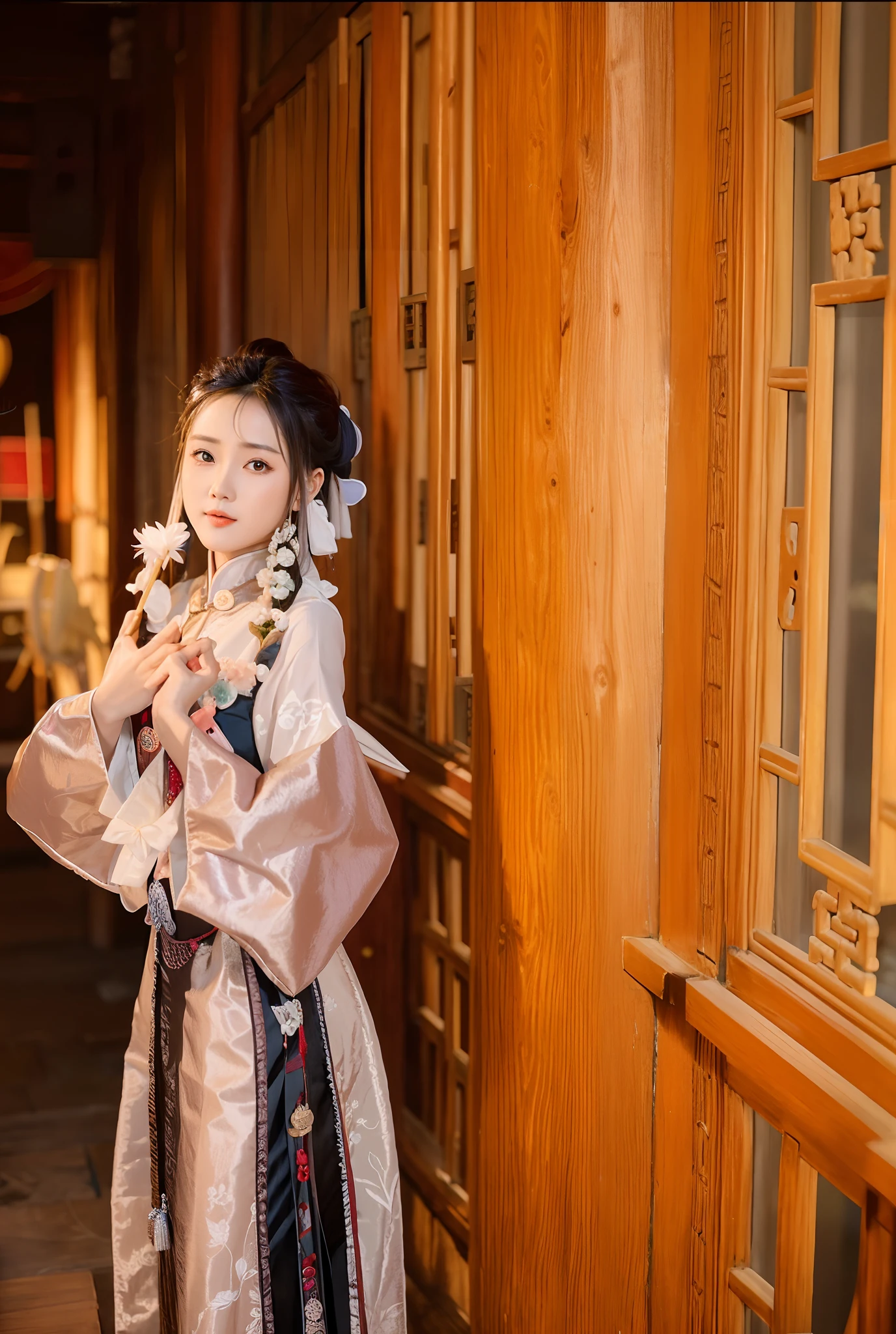 A woman in traditional Chinese dress stands in front of the wooden door, Palace , A girl in Hanfu, Hanfu, Wearing ancient Chinese clothes, with acient chinese clothes, White Hanfu, China Princess, Traditional Chinese clothing, Chinese traditional, Chinese costume, ruan jia beautiful!, dilraba dilmurat, Chinese style, wearing ornate silk clothes
