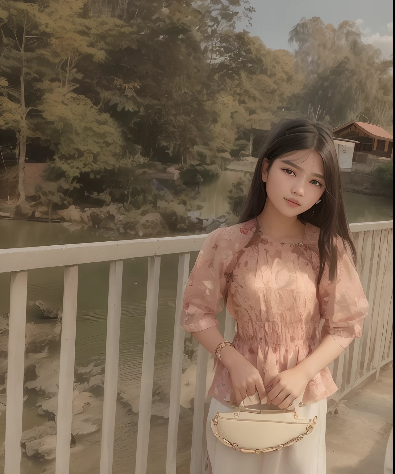 there is a young girl standing on a bridge with a purse, nivanh chanthara, dang my linh, photo taken in 2 0 2 3,assamese, picture, nuttavut baiphowongse, assamese aesthetic, thawan duchanee, 2 4 years old, scenary, 2 7 years old