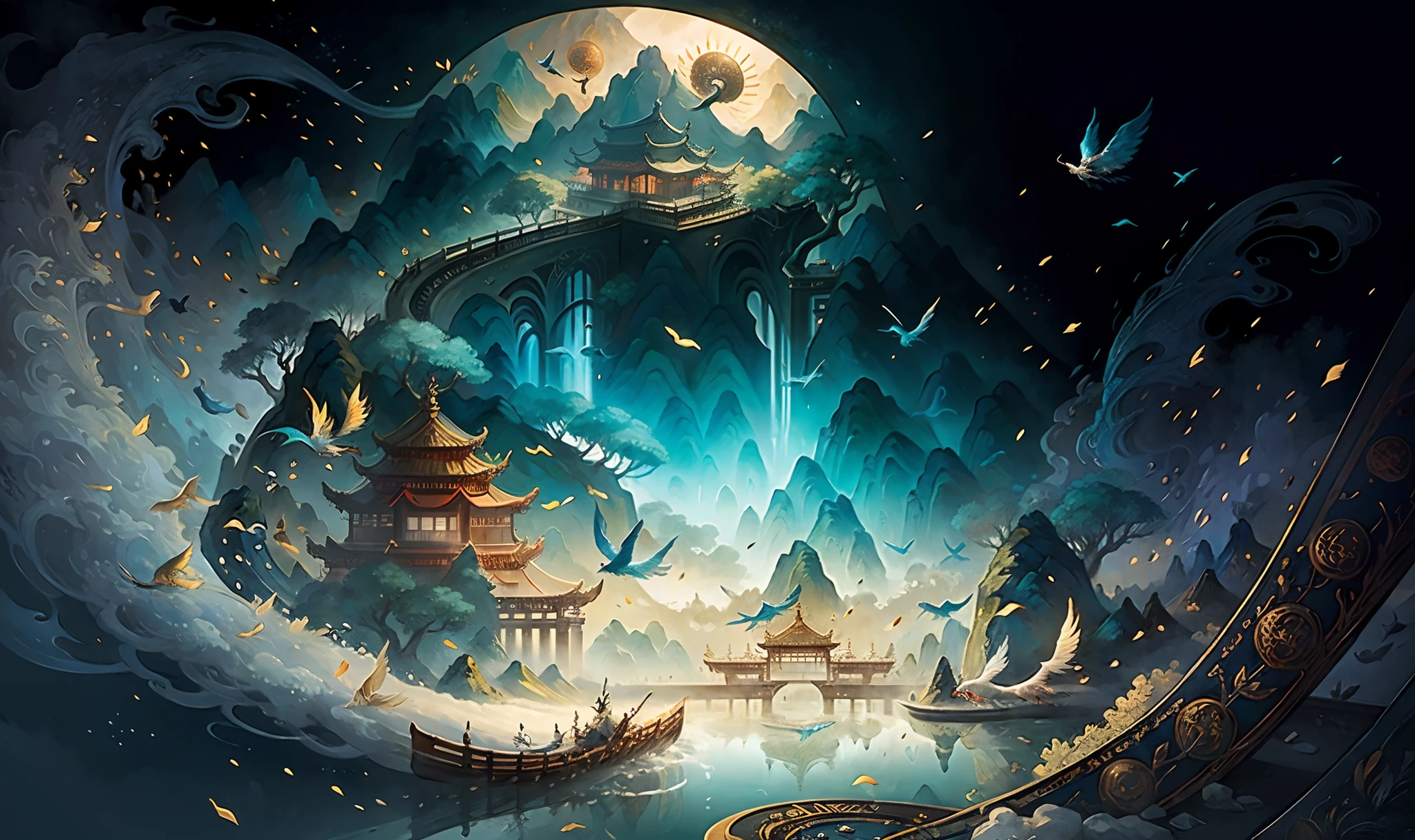 Image of Asian landscape,There are mountains and birds in the air,In a fantastical otherworldly visual style,Light cyan and gold,intricate map world,Illustration of a hyperrealistic,romantic cityscapes,detailed character illustrations,Organic shapes and curves,Pavilions,The river flows down from the pavilion,Divine deer,White deer,The stag is in the sky,Ancient Chinese landscapes,mountain ranges,rios,Auspicious clouds,rays of sunshine,tmasterpiece,super detailing,Epic composition,hyper HD,high qulity,extremely detaile,offcial art,Unity8k wallpapers,super detailing,32k -- v 6 --v6