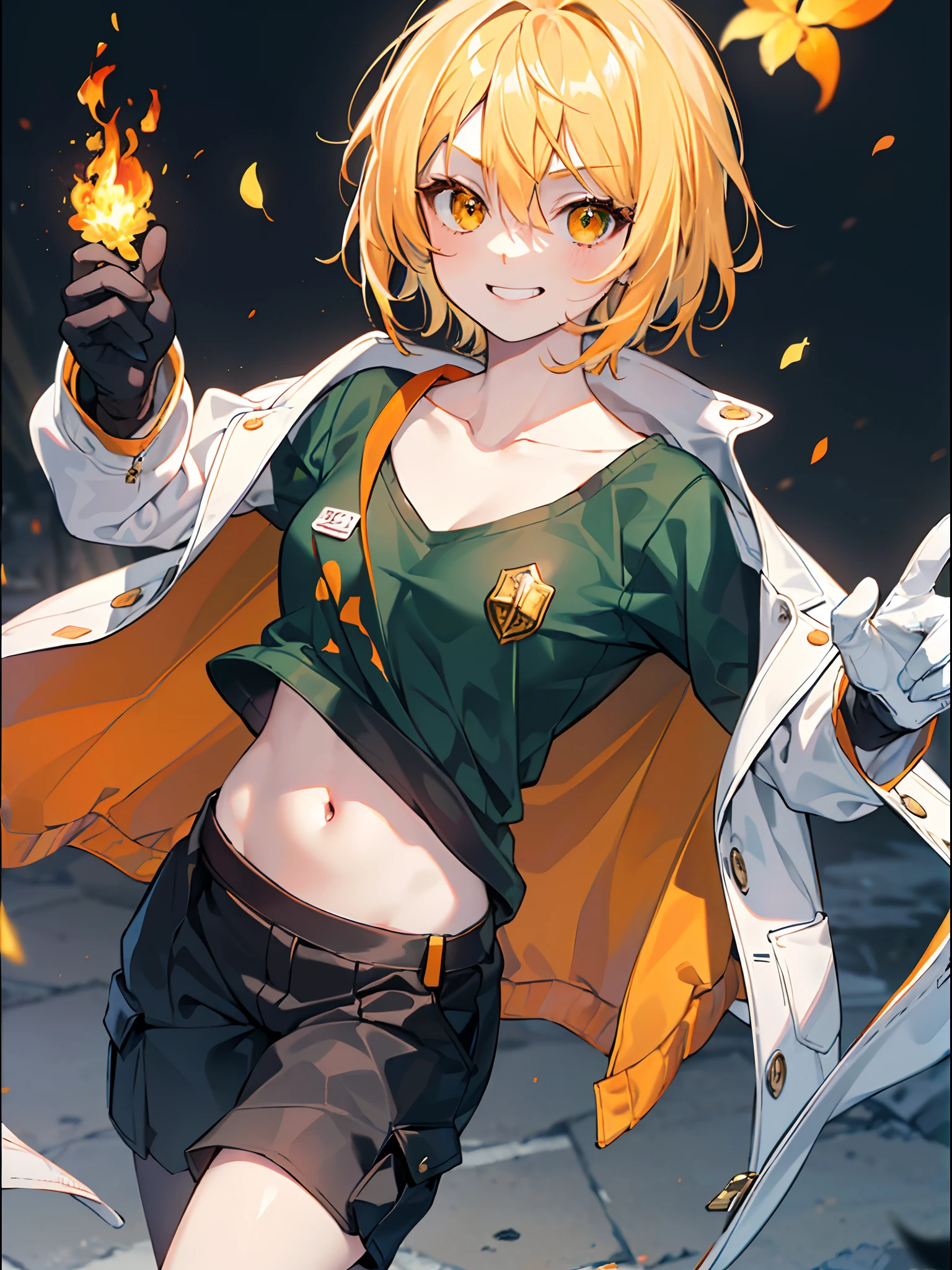 1girl, (solo:1.2), ((masterpiece)), (shadow), [slim], ((sharp focus)), pale skin, ((detailed eyes)), (blurry background), flame effect, (simple green t-shirt), orange parka, visible stomach, oversized orange cargo pants, navel, gloves, (collarbone), short hair, golden blonde, golden eyes, smug smile,