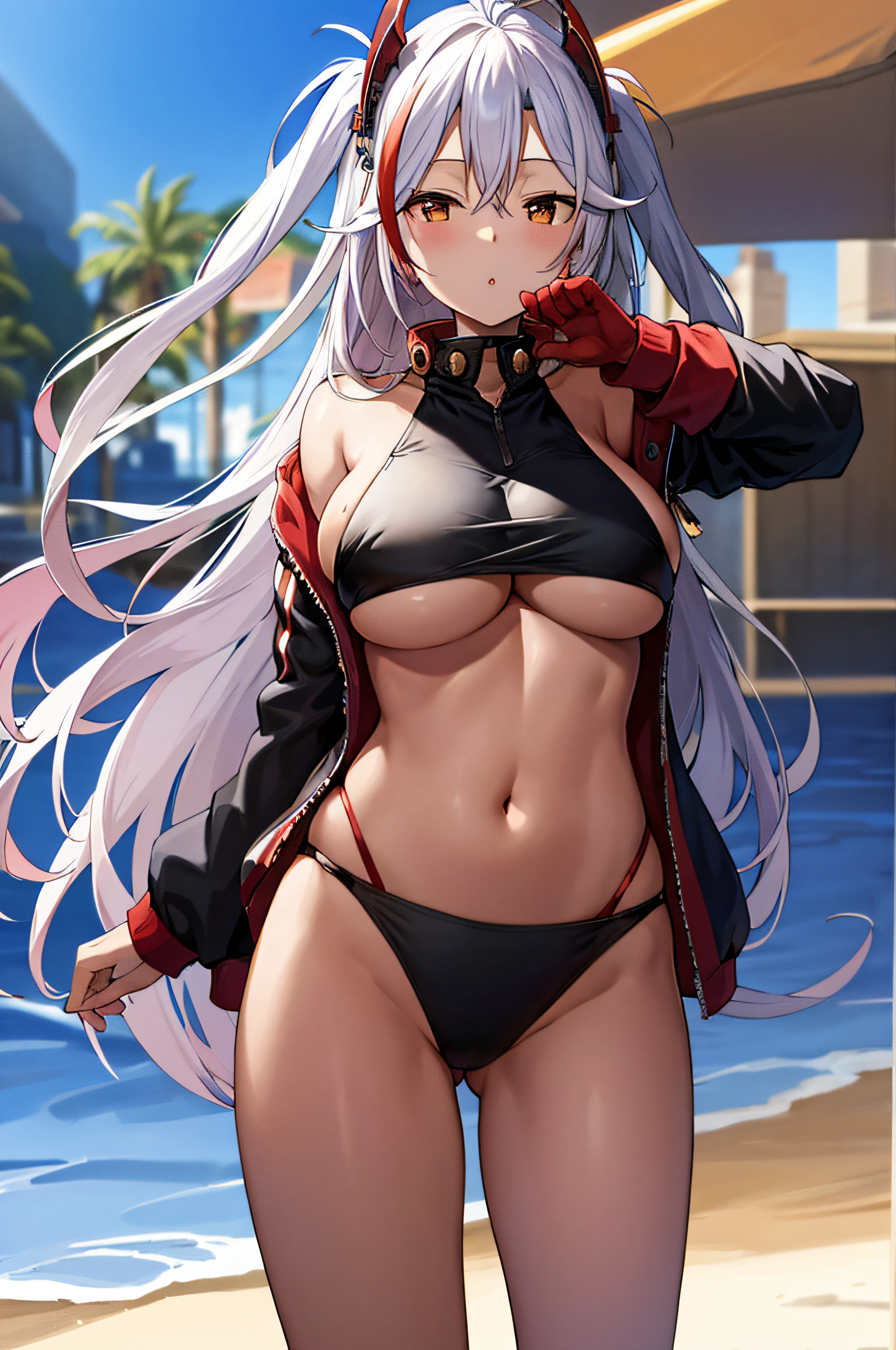 masutepiece, Best Quality, PrinzV4, 1girl in, Solo, Long hair, breasts, Looking at Viewer,Large breasts, Navel, Holding, White hair, Red hair, multicolored hair, Open jacket, striated hair, Black jacket, put hands on the hip, underboob, Headgear, a flag, Pending Flag,Poses that emphasize breasts、top-quality,Bikini swimwear、Black swimsuit、