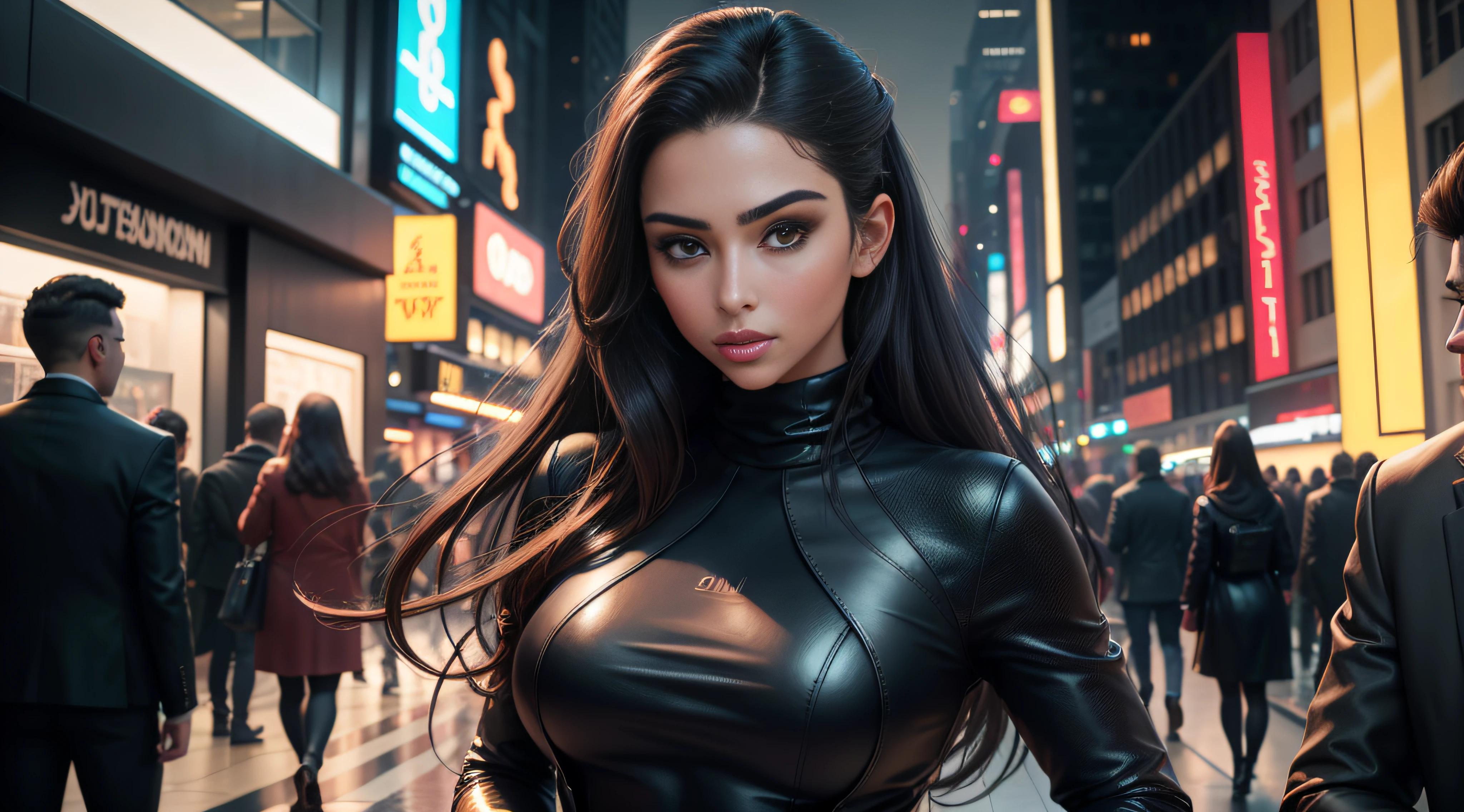 A woman wearing a black turtleneck sweater with a black fur coat, gold ring, brunette with dyed blonde hair, Julia Sarda, Christina Kritkou, black turtleneck, wearing turtleneck and jacket, portrait of Kim Kardashian, inspired by Gina Pellón, tanned Ameera al Taweel, Olivia Culpo, Julia Fuentes, flawless olive skin ((detailed face)), ((detailed facial features)), (finely detailed skin), pale skin, walking through the city, megacity environment, New York City in the background, (cool colors), damp, damp, reflections, (masterpiece) (perfect aspect ratio)(realistic photo)(best quality) (detailed) photographed on a Canon EOS R5, 135mm lens, F/2.8, HDR, (8k) (wallpaper) (cinematic lighting) (dramatic lighting) (sharp focus) (intricate), RAW photo, RAW photo, gigachad photo, posing for camera, 8k uhd, dslr, high quality, grain film, Fujifilm XT3, film stock photography 4 kodak portra 400 camera f1.6 lens rich colors hyper realistic texture dramatic lighting unrealengine trend in artstation cinestill 800 tungsten, toughboy style, face ultra focus, intimidating, full body in viewr , fighting pose INFO