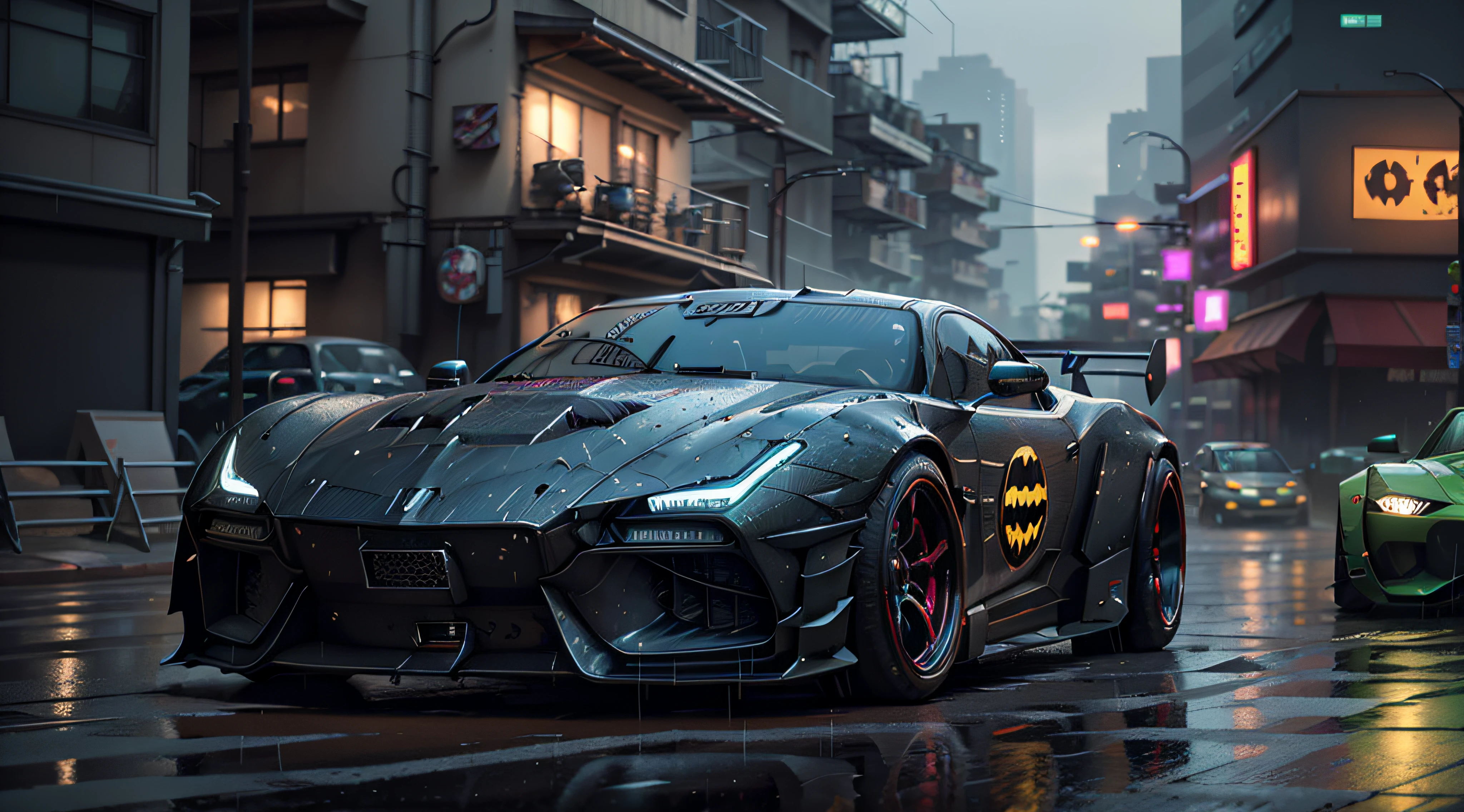 batman car in the rain, cyberpunk car, cyberpunk art style, dan mumford. 8 k octane render, cyberpunk night street, dan mumford. octane render, hyper-realistic cyberpunk style, cyberpunk batman, cyberpunk street, cyberpunk blade runner art, cyberpunk city street, sci-fi cyberpunk city street, 3 d render beeple, cyberpunk themed art, in cyberpunk city