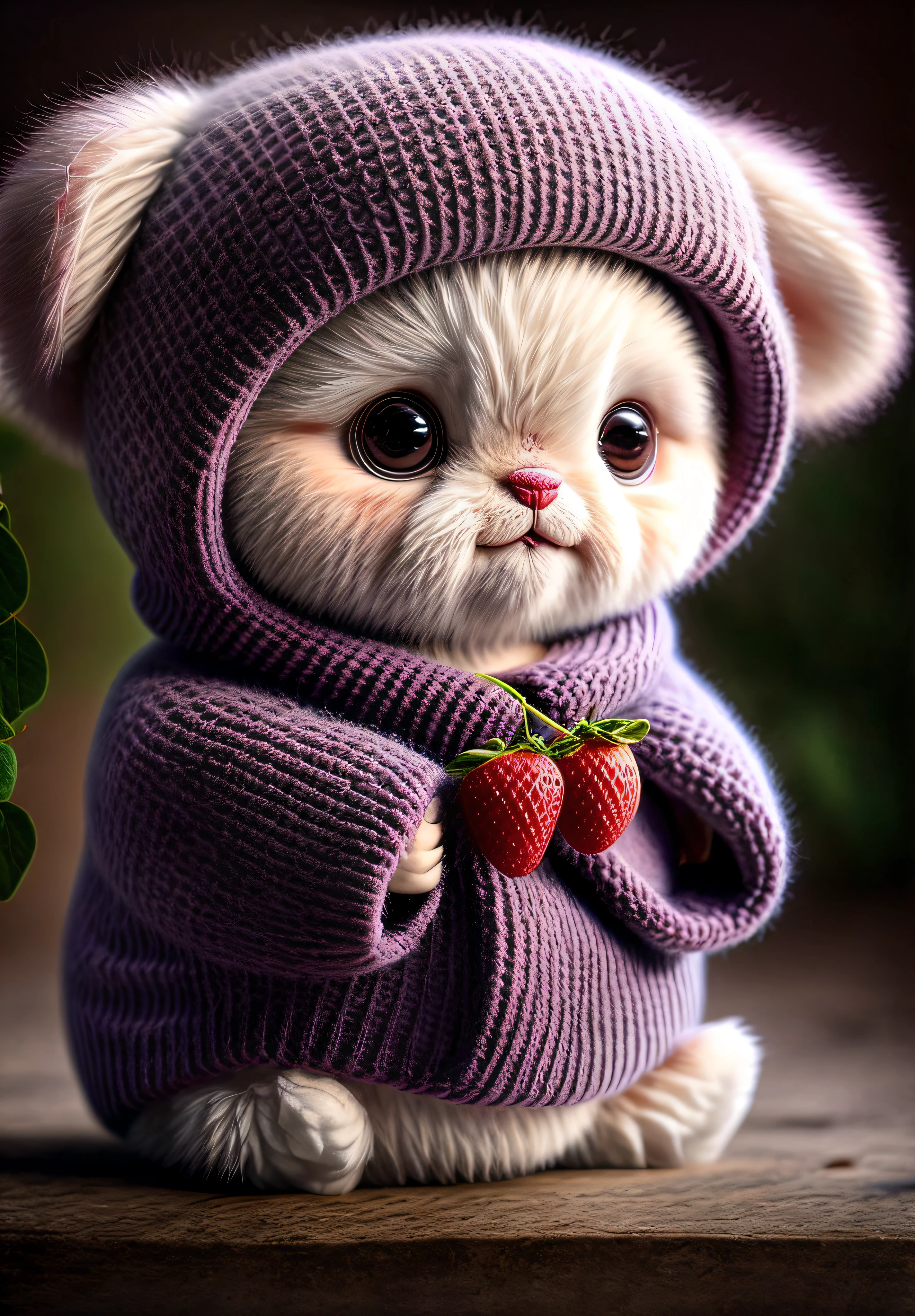 Teddy, realistic, hairy, clothed animal, plum, dark circles, blush, blueberry, food, fruit, full body, hat, non-human, strawberry, tomato, mango