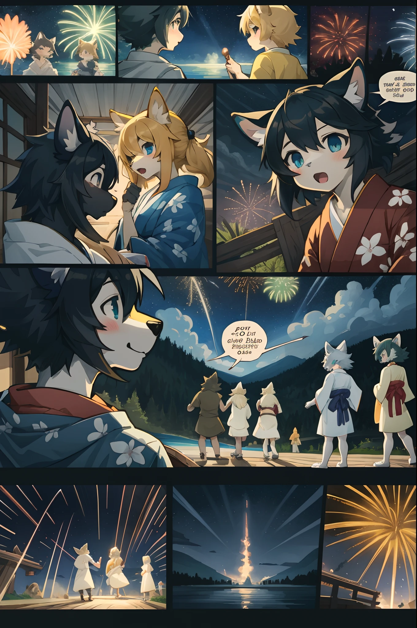 top quality, best quality, highres, masterpiece, super high resolution, detailed background, lake, nigh sky, firework, japanese yukata, 6+boys, 6+girls, absurdres(highly detailed beautiful face and eyes)perfect anatomy, good lighting, cinematic shadow(kemono, furry anthro)assorted expressions, assorted poses, assorted angles, full body, upper shot, dynamic angle(girls comic-like panel layouts, speech balloon, English text, Hand-drawn sound effects stickers used in girls comic),