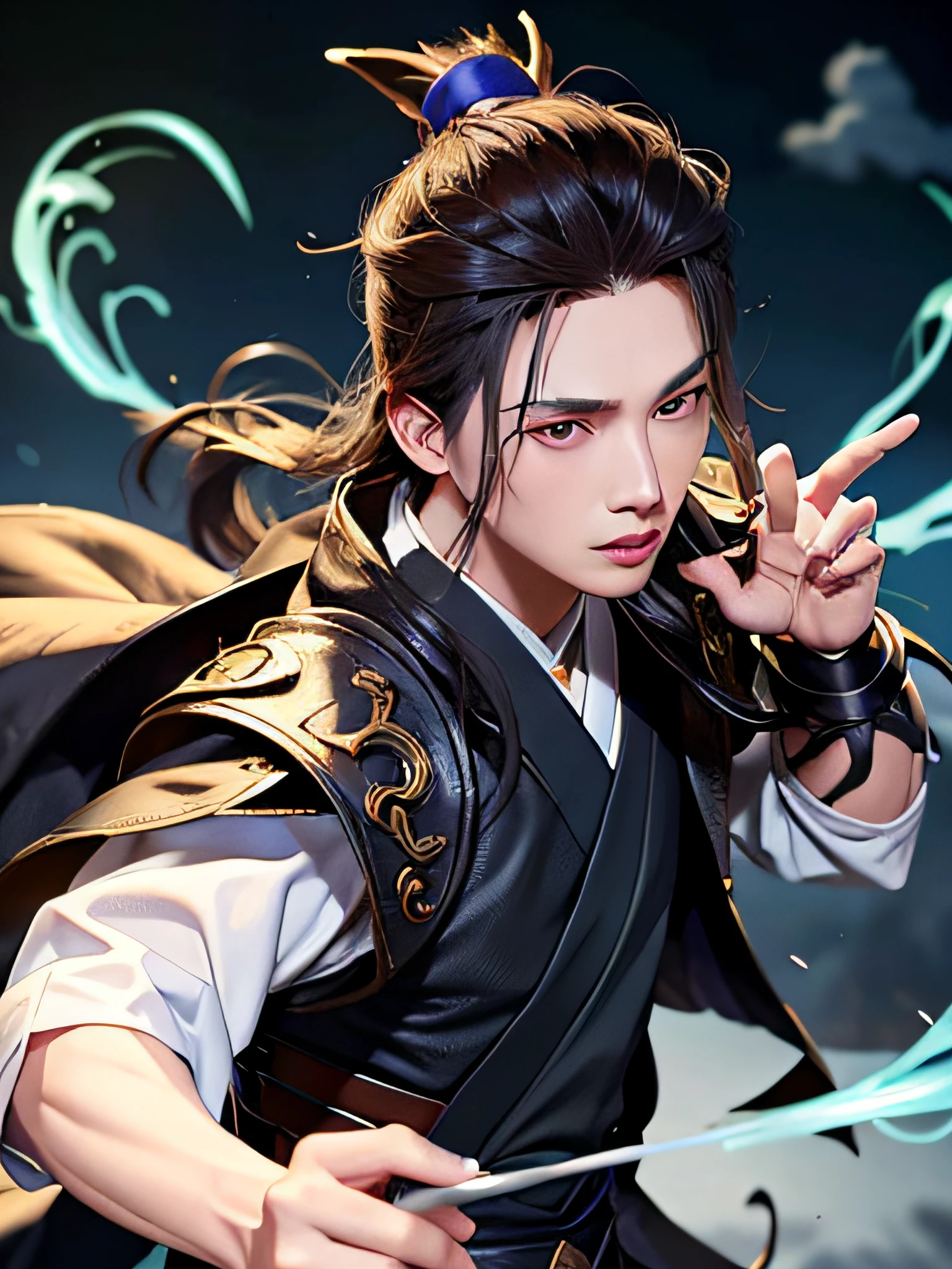 (Positive Focus), (In the Dark), (Best Quality), (Realisticity: 1), Realistic Skin Texture, Highly Detailed, 8k Wallpaper, A Boy, White Hanfu, Black Ponytail Long Hair, Black Hair, Delicate Eye Portrait, Handsome, Fairy Fluttering, Black Taoist Robe, Antique Style, Mist, Clouds Wrapped Around the Mission, Wide Robe with Big Sleeves, Dynamic Pose, Dramatic Composition, Flying Hair, Holding Spells, Rune Emitting Blue Light, Yellow Rune Flying, Red Text on Rune Paper, Ancient Chinese Architecture Background, Clouds and Mist Entanglement, fairy background, clouds and mist, Taoist nature, Chinese Taoist,