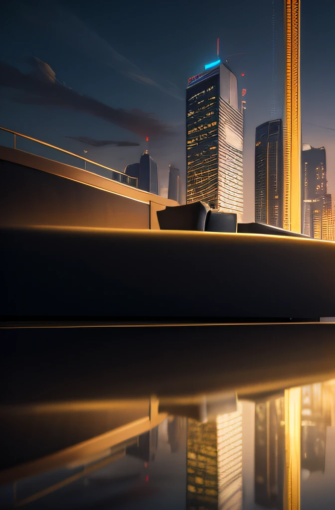 The scenario is：A real estate tech night view，lumnious，The composition is：Golden section composition，sense of science and technology，Business sense，The style is：Tech style