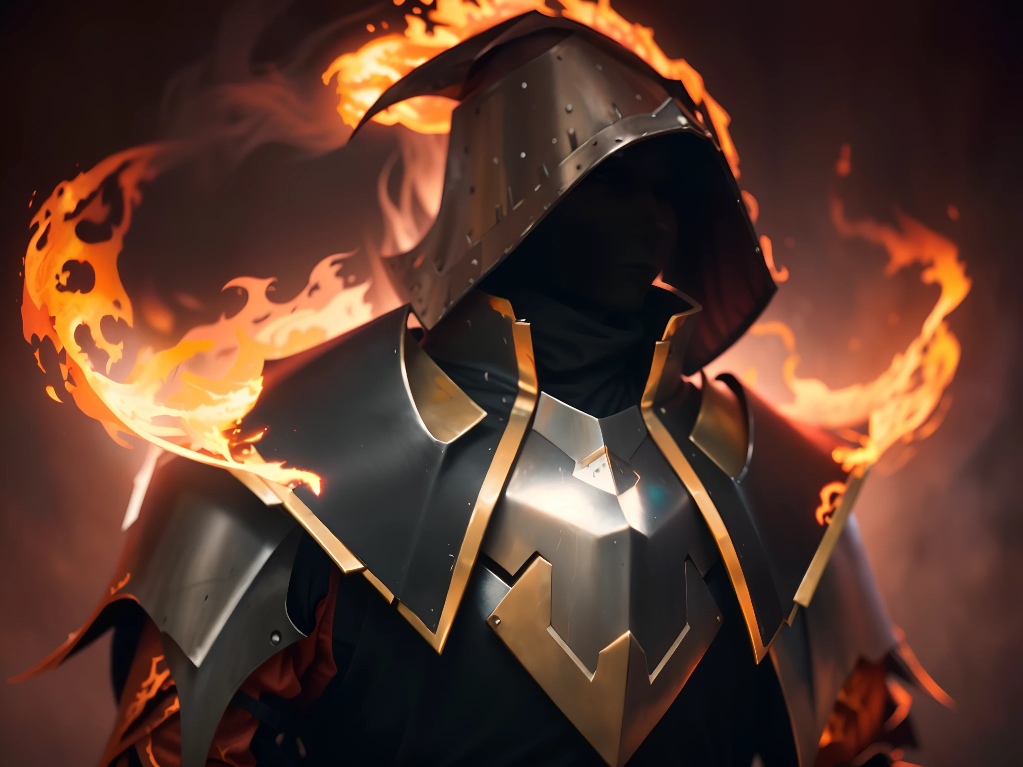 Close-up of a burning cape，The chest protector of the cloak is made of bright metal，Flame cloak，flame conjuring armored