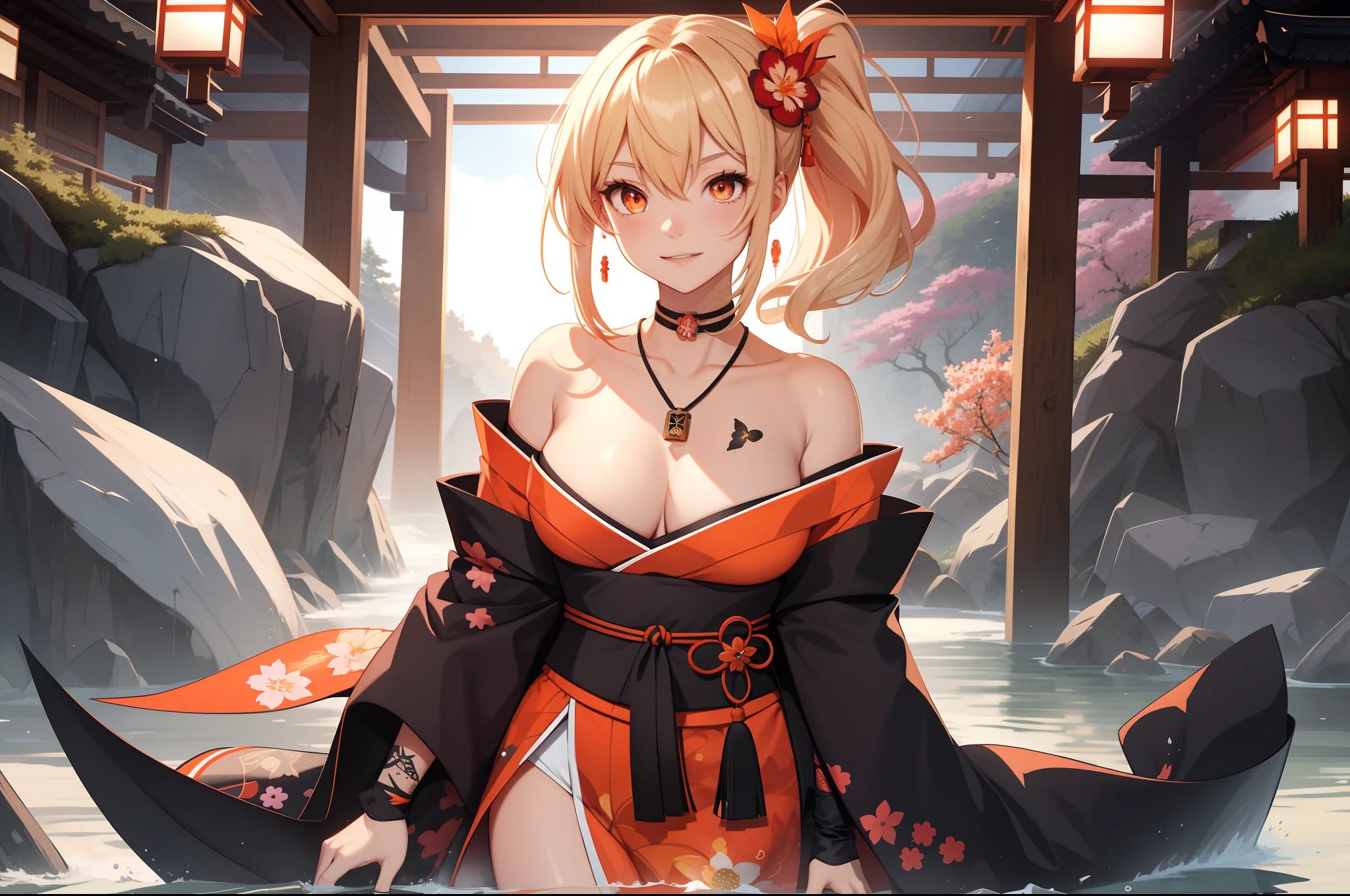 Masterpiece, Best quality, A high resolution, 1girll,(head portrait:1.5),Headshot,Portrait photo, (standing on your feet:1.4),Close-up shot,Blonde hair, Medium hair, Asymmetrical hair, Floating hair, hair between eye, High ponytail, side locks, hair adornments, fish hair ornament, nipple tassels, kanzashi, bangs, Orange eyes, Open mouth, Smile, teeth, Upper teeth only, choker necklace, Red necklace, pendant choker, butterfly choker, 鎖骨, tattoo,Half of your body is in the water,hot onsen, chest tattoo, flower tattoo, cleavage, Medium breasts, Thighs, Bandages, bandaged leg, Arashi, Budget Arashi, Chest sarashi, black sash, hadanugi dousa, houkisei, Japanese clothes, komono, Kinchaku, Obi, Obiage, obijime, orange kimono, pouch, print kimono, Cord, sash, shimenawa, Short kimono, Single bare shoulder, visions (Genshin Impact), east asian architecture, Cherry blossoms, Single glove, Single fingerless gloves, arms cuffs, Sitting, Legs together,