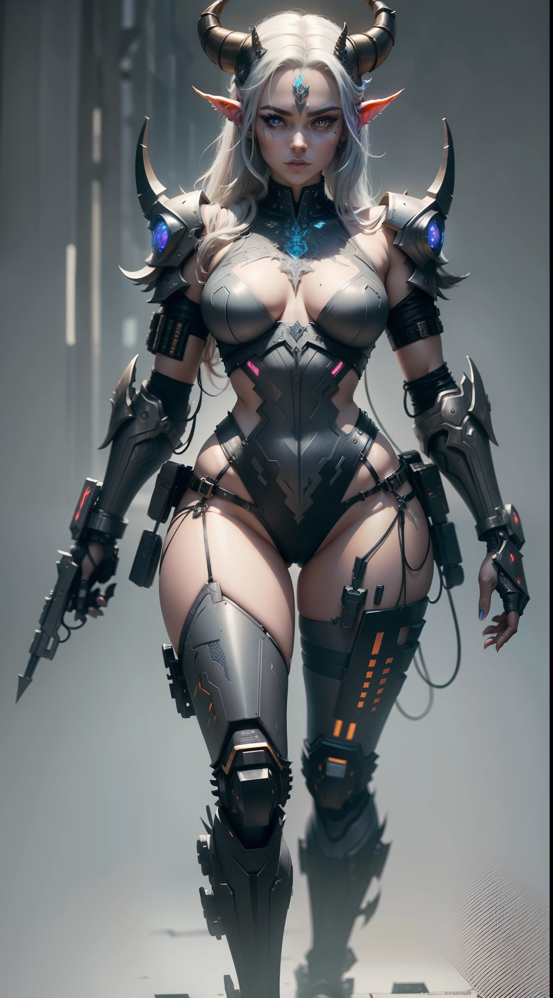 (masterpiece) horned ewe demon, beautiful face, full body, in cyberpunk armour, legs in tight armour, (delicate facial detail) valkyrie warrior, cyberpunk style color scheme, ((intricate detail, highly detailed)) 8K.