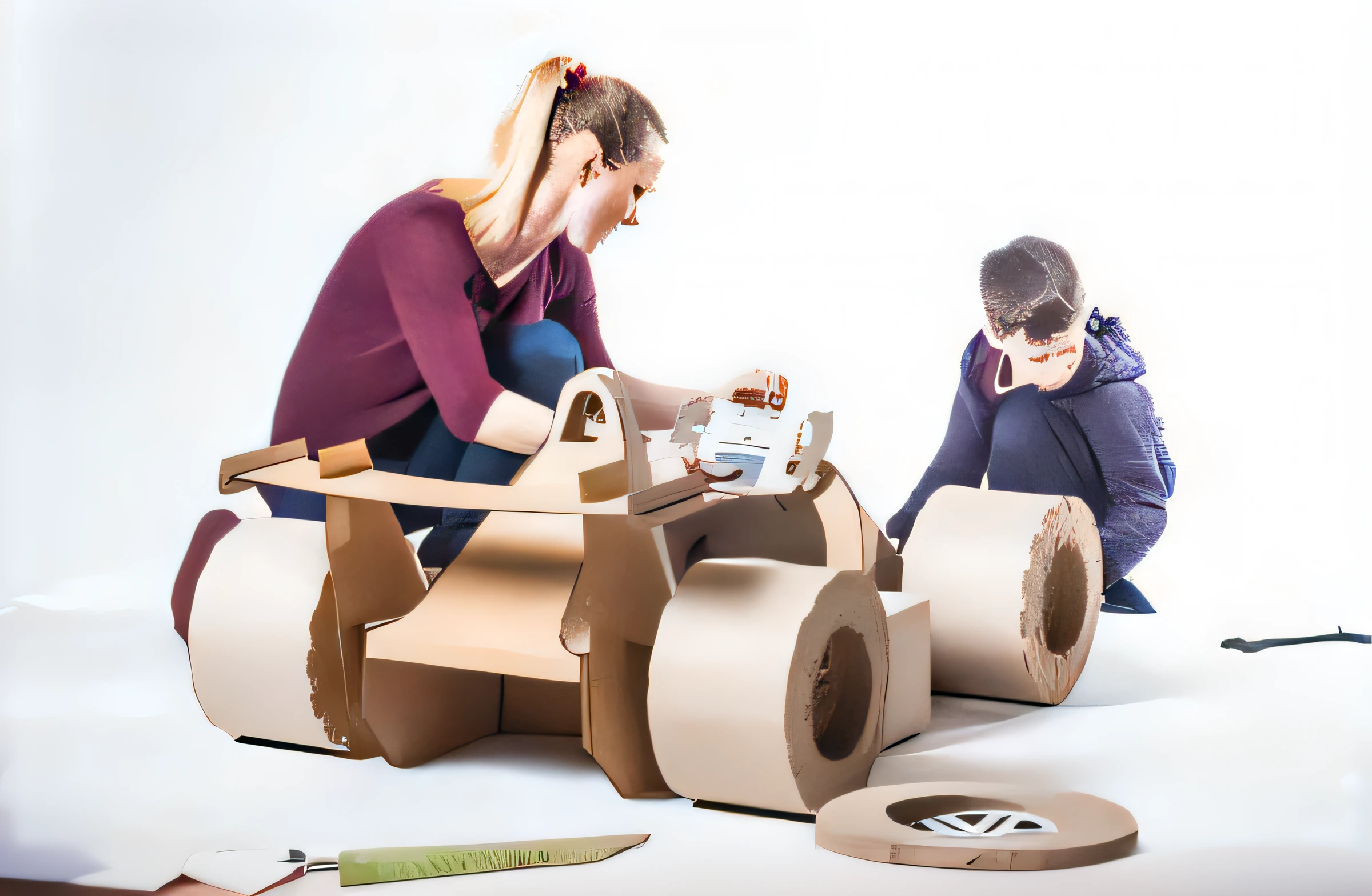 There was a woman and a child sitting on the floor,Holding a cardboard cart in his hand, Cardboard tunnel, carton, made of cardboard, author:Thomas Hefner, Innovative, author:Jacob Galmain, foam, Through the necklace Stlautnekas, author:Matthias Storm, menacing!, author:Matthias Wescher, product design shot, author:Zofia Strijanska