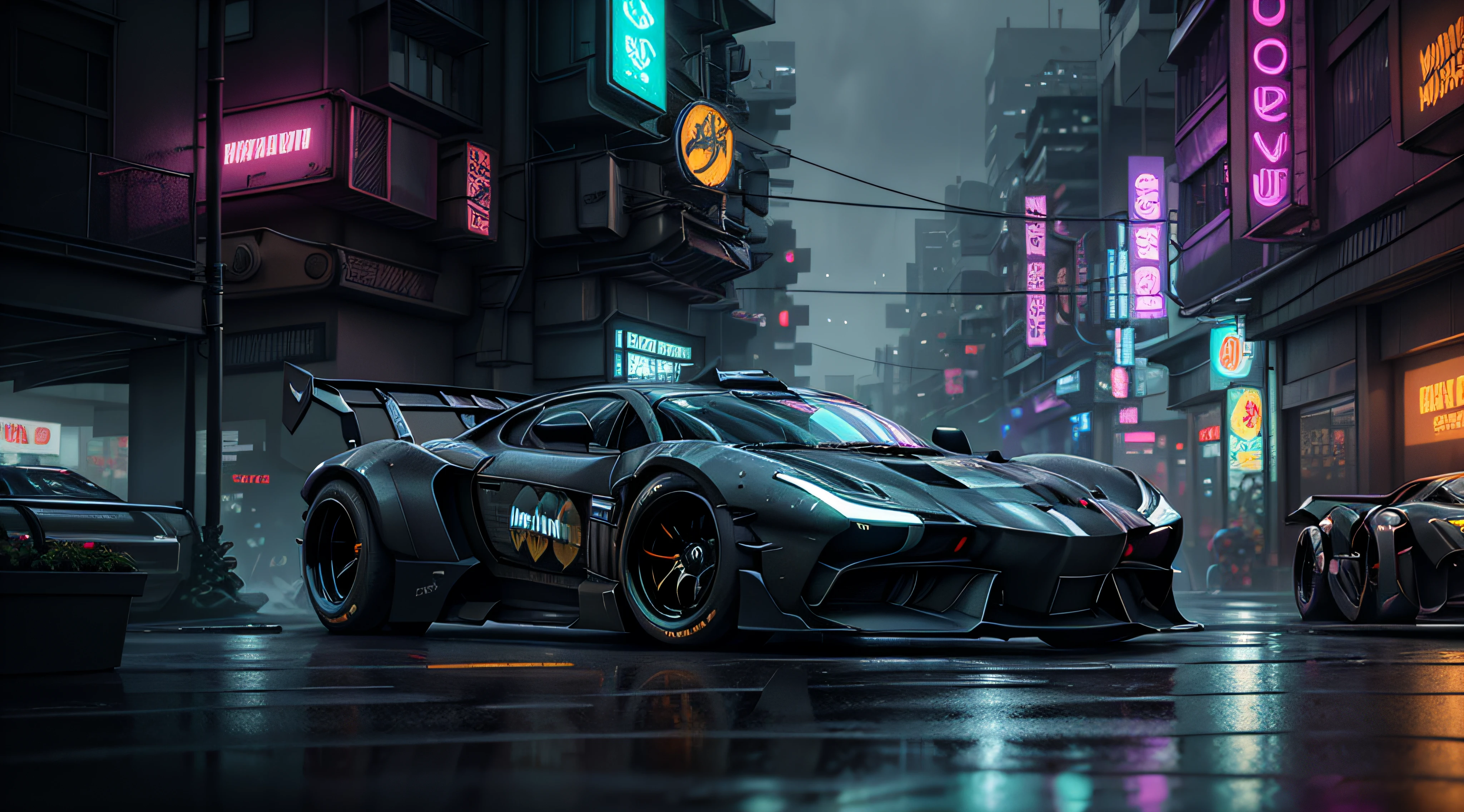 batman car in the rain, cyberpunk car, cyberpunk art style, dan mumford. 8 k octane render, cyberpunk night street, dan mumford. octane render, hyper-realistic cyberpunk style, cyberpunk batman, cyberpunk street, cyberpunk blade runner art, cyberpunk city street, sci-fi cyberpunk city street, 3 d render beeple, cyberpunk themed art, in cyberpunk city