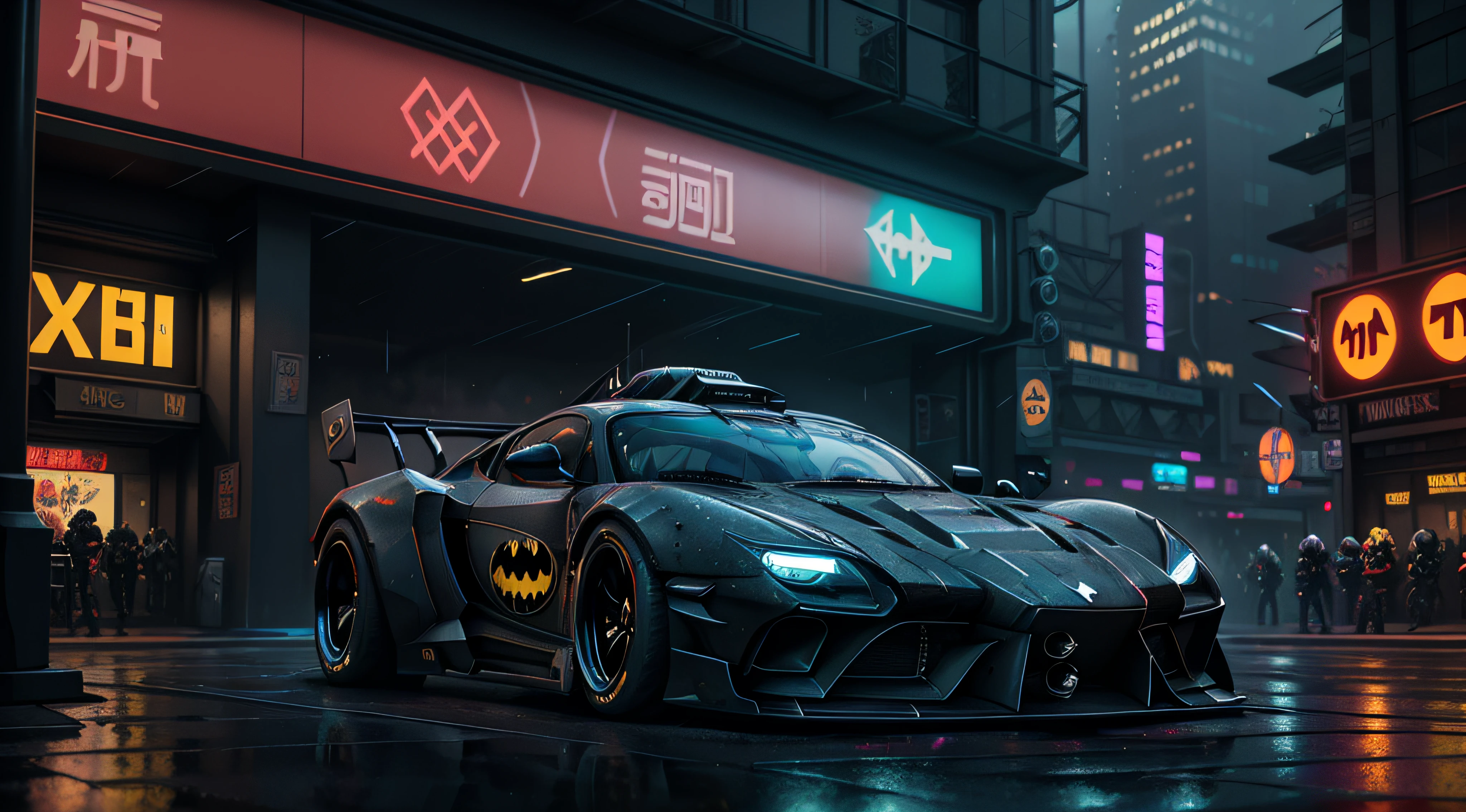 batman car in the rain, cyberpunk car, cyberpunk art style, dan mumford. 8 k octane render, cyberpunk night street, dan mumford. octane render, hyper-realistic cyberpunk style, cyberpunk batman, cyberpunk street, cyberpunk blade runner art, cyberpunk city street, sci-fi cyberpunk city street, 3 d render beeple, cyberpunk themed art, in cyberpunk city