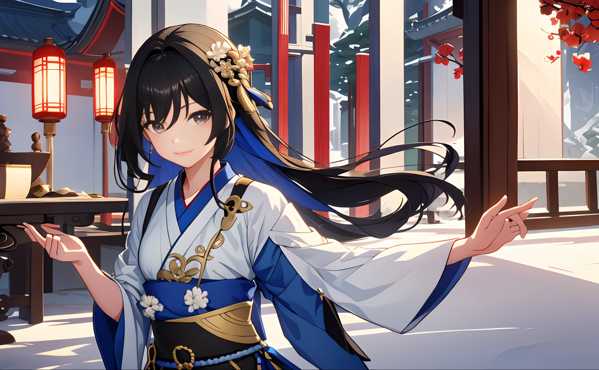 Anime girl in a blue and white kimono outfit standing in front of a ...