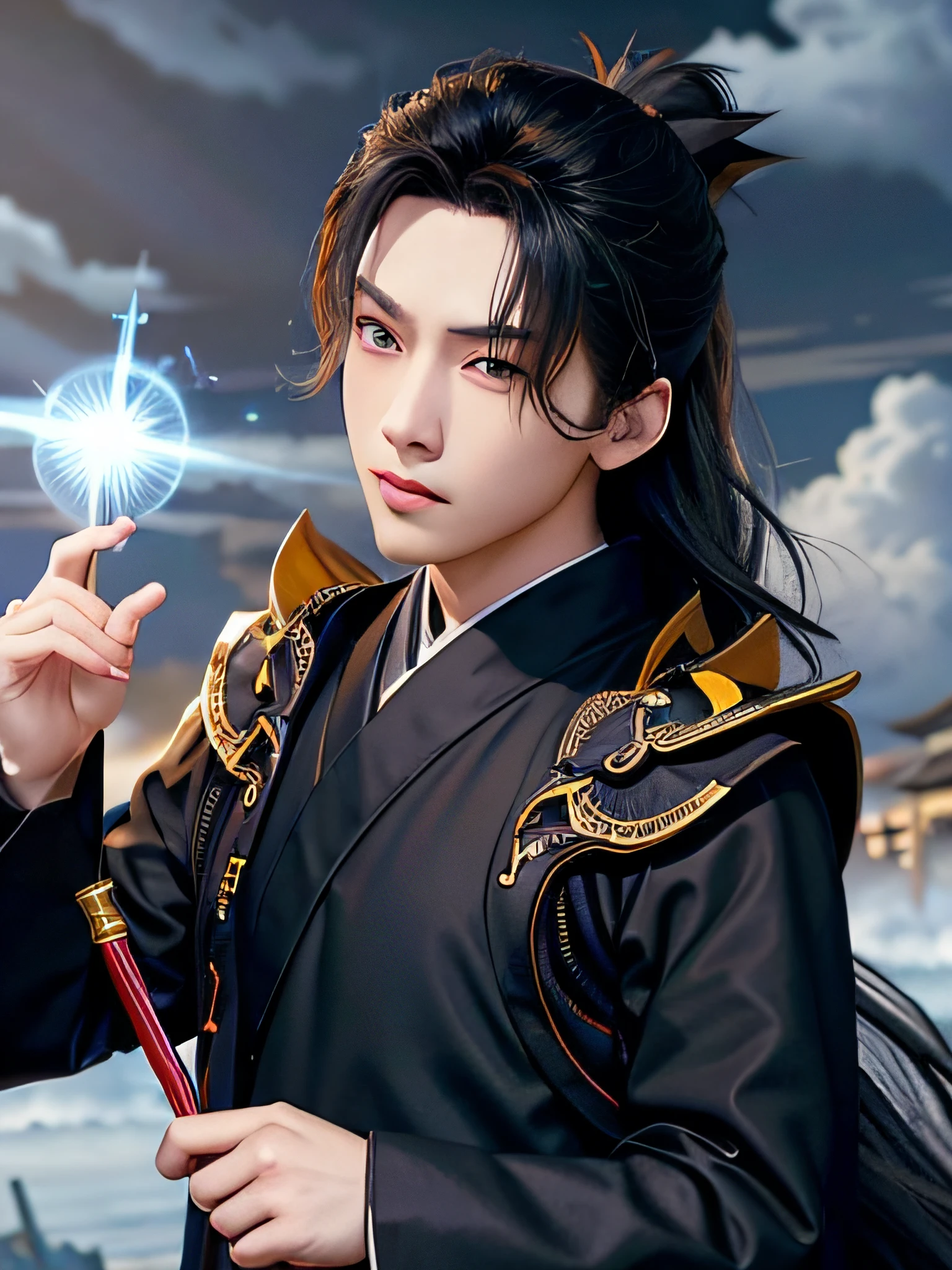 (Positive Focus), (In the Dark), (Best Quality), (Realisticity: 1), Realistic Skin Texture, Highly Detailed, 8k Wallpaper, A Boy, White Hanfu, Black Ponytail Long Hair, Black Hair, Delicate Eye Portrait, Handsome, Fairy Fluttering, Black Taoist Robe, Antique Style, Mist, Clouds Wrapped Around the Mission, Wide Robe with Big Sleeves, Dynamic Pose, Dramatic Composition, Flying Hair, Holding Spells, Rune Emitting Blue Light, Yellow Rune Flying, Red Text on Rune Paper, Ancient Chinese Architecture Background, Clouds and Mist Entanglement, fairy background, clouds and mist, Taoist nature, Chinese Taoist,