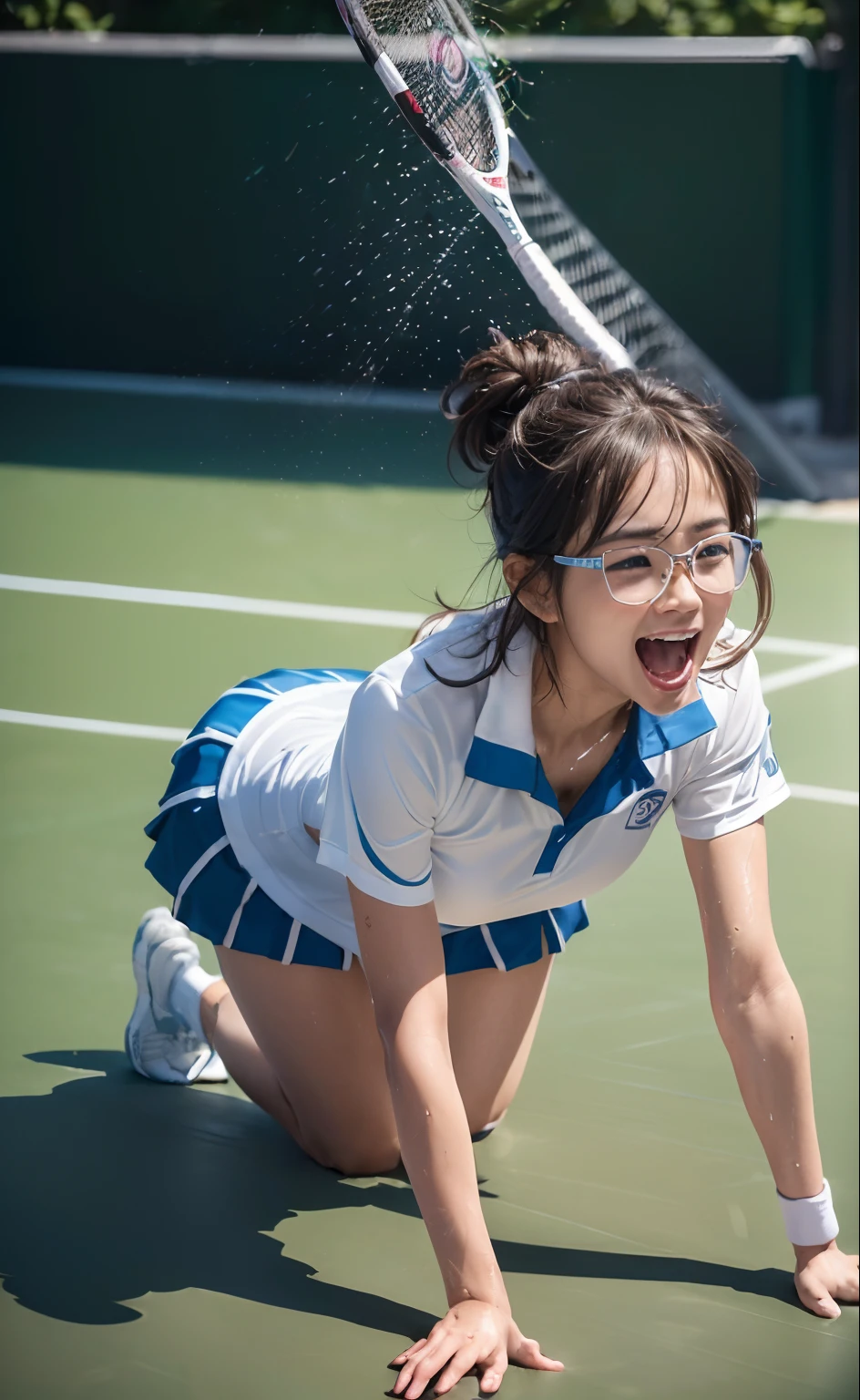 masterpiece, 1girl in, 独奏, Luminous Eyes, White sneakers, Tennis Wear, White mini skirt, white panties, white knee-socks, masterpiece, top-quality, realisitic, ultra-detailliert, blue-sky, tennis coat, (extremely delicate and beautiful work), ((masuter piece)), (Best Quality), glamor body, One lady, 20yr old, (Wearing a tennis uniform:1.5), (Taut), (Sexually aroused face:1.4), ( Shoulder cut hair,(Fair skin:1.2), Bright lighting, Natural lighting, Realistic lighting, Lovely lips、delicated face、(realisitic、Photo_Realistic:1.4)、((top-quality、masterpiece:1.3))、20yr old、((Brown hair))、((a shower、White turbid water))、((the pose))、((Functional))、((soaked breasts))、(((soaked body)))、(((Drenched pubic hair)))、Smile full of happiness、Poses that fascinate a man、seducing smile、(((all-fours)))、(((Shooting from the buttocks)))、((Insert from the back))、(((During sex)))、((Facial expressions you are feeling))、(((Put your hands on the floor、raise your buttocks while crawling on all fours)))、(((SEX)))、((( Expression in a state of excitement)))、(((yawning being)))、wears glasses