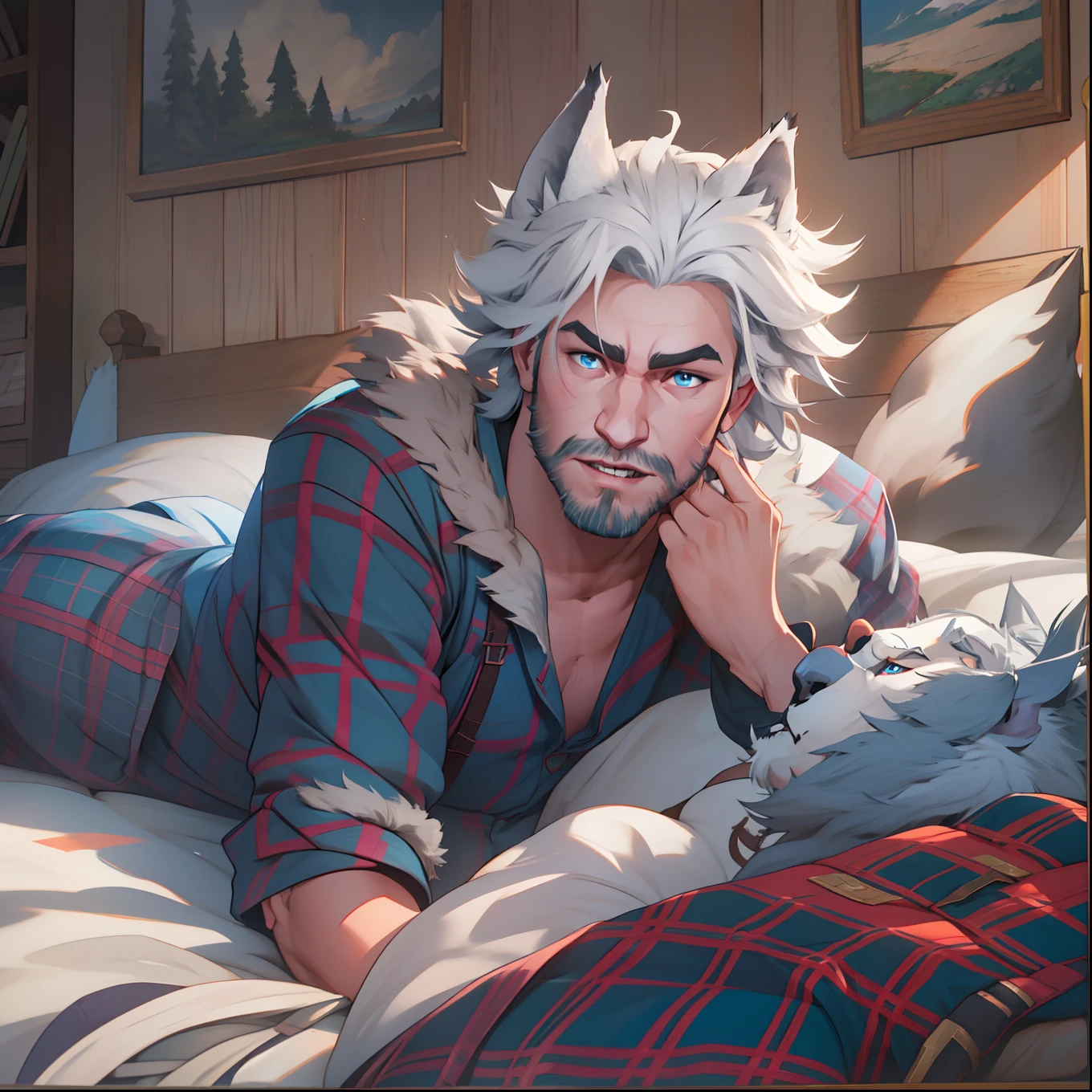 athletic young adult Male with light beard, has flowing white hair, has wolf ears, has wolf tail, shirtless, playful, solo, alone, has goofy look on his face, has bright blue eyes, wearingg plaid pajama pants, barefoot, relaxing on a bed, sleepy