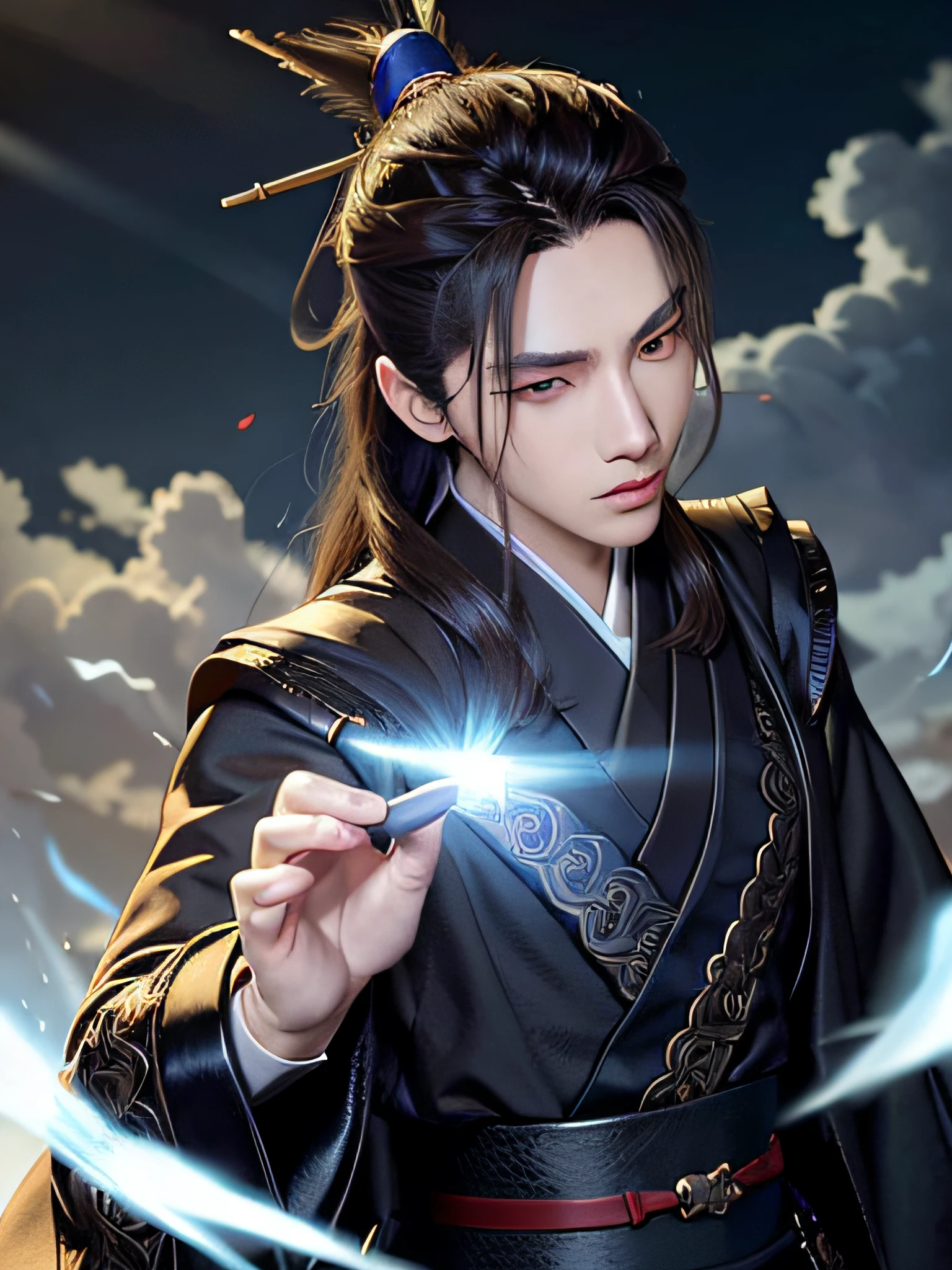 (Positive Focus), (In the Dark), (Best Quality), (Realisticity: 1), Realistic Skin Texture, Highly Detailed, 8k Wallpaper, A Boy, White Hanfu, Black Ponytail Long Hair, Black Hair, Delicate Eye Portrait, Handsome, Fairy Fluttering, Black Taoist Robe, Antique Style, Mist, Clouds Wrapped Around the Mission, Wide Robe with Big Sleeves, Dynamic Pose, Dramatic Composition, Flying Hair, Holding Spells, Rune Emitting Blue Light, Yellow Rune Flying, Red Text on Rune Paper, Ancient Chinese Architecture Background, Clouds and Mist Entanglement, fairy background, clouds and mist, Taoist nature, Chinese Taoist,