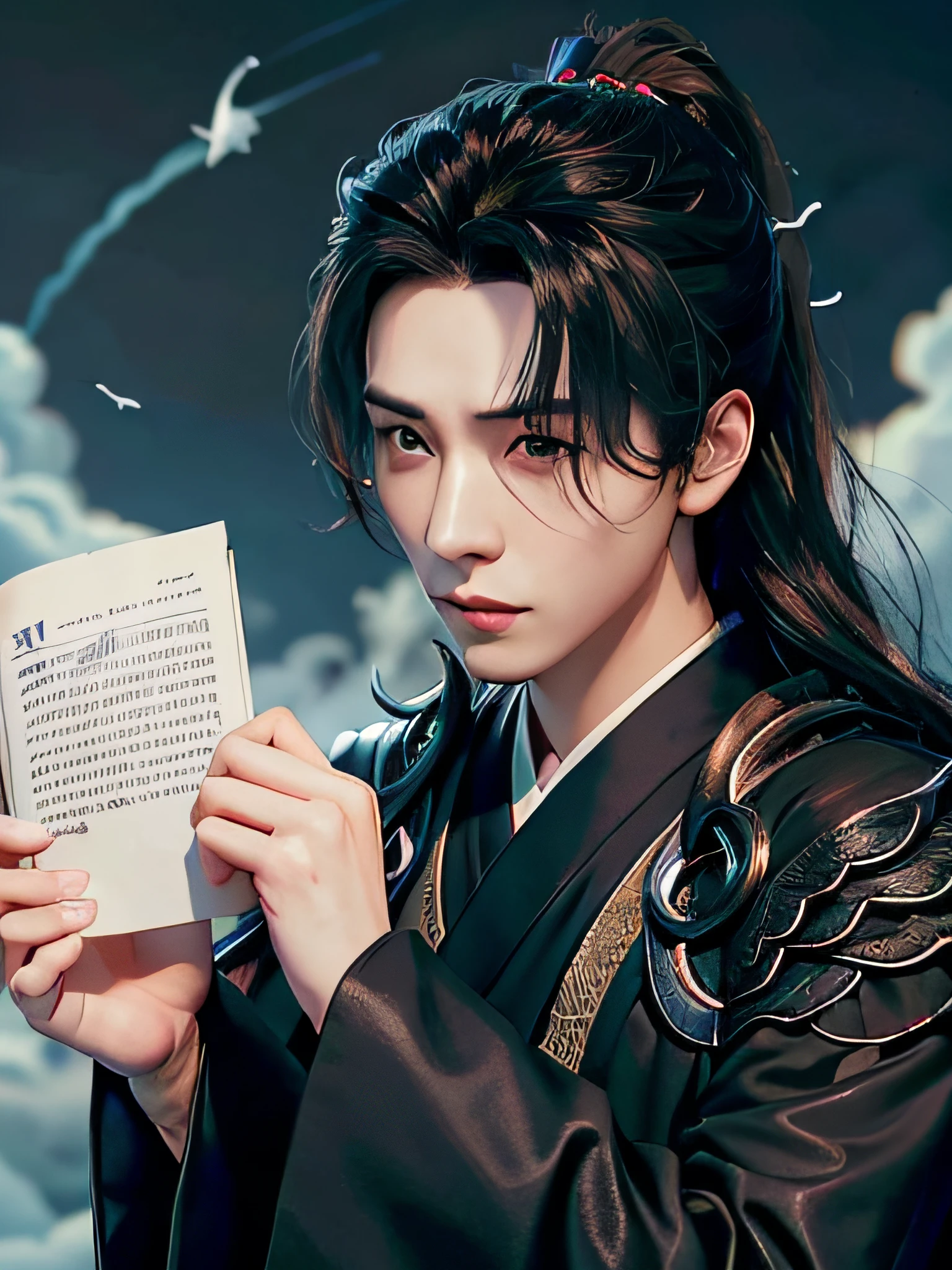 (Positive Focus), (In the Dark), (Best Quality), (Realisticity: 1), Realistic Skin Texture, Highly Detailed, 8k Wallpaper, A Boy, White Hanfu, Black Ponytail Long Hair, Black Hair, Delicate Eye Portrait, Handsome, Fairy Fluttering, Black Taoist Robe, Antique Style, Mist, Clouds Wrapped Around the Mission, Wide Robe with Big Sleeves, Dynamic Pose, Dramatic Composition, Flying Hair, Holding Spells, Rune Emitting Blue Light, Yellow Rune Flying, Red Text on Rune Paper, Ancient Chinese Architecture Background, Clouds and Mist Entanglement, fairy background, clouds and mist, Taoist nature, Chinese Taoist,