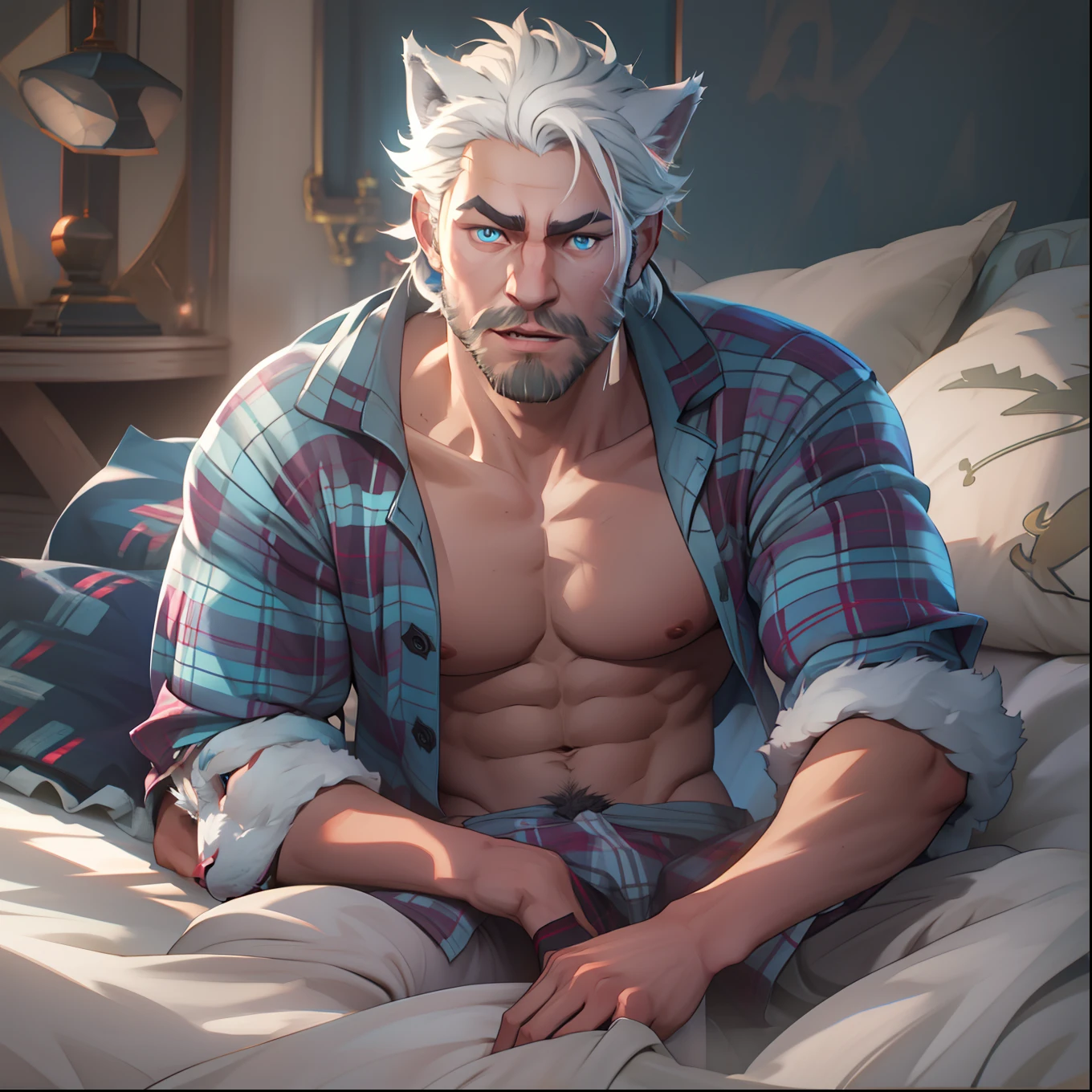athletic Male with light beard, has flowing white hair, has wolf ears, has wolf tail, shirtless, playful, solo, alone, has goofy look on his face, has bright blue eyes, wearingg plaid pajama pants, relaxing on a bed,