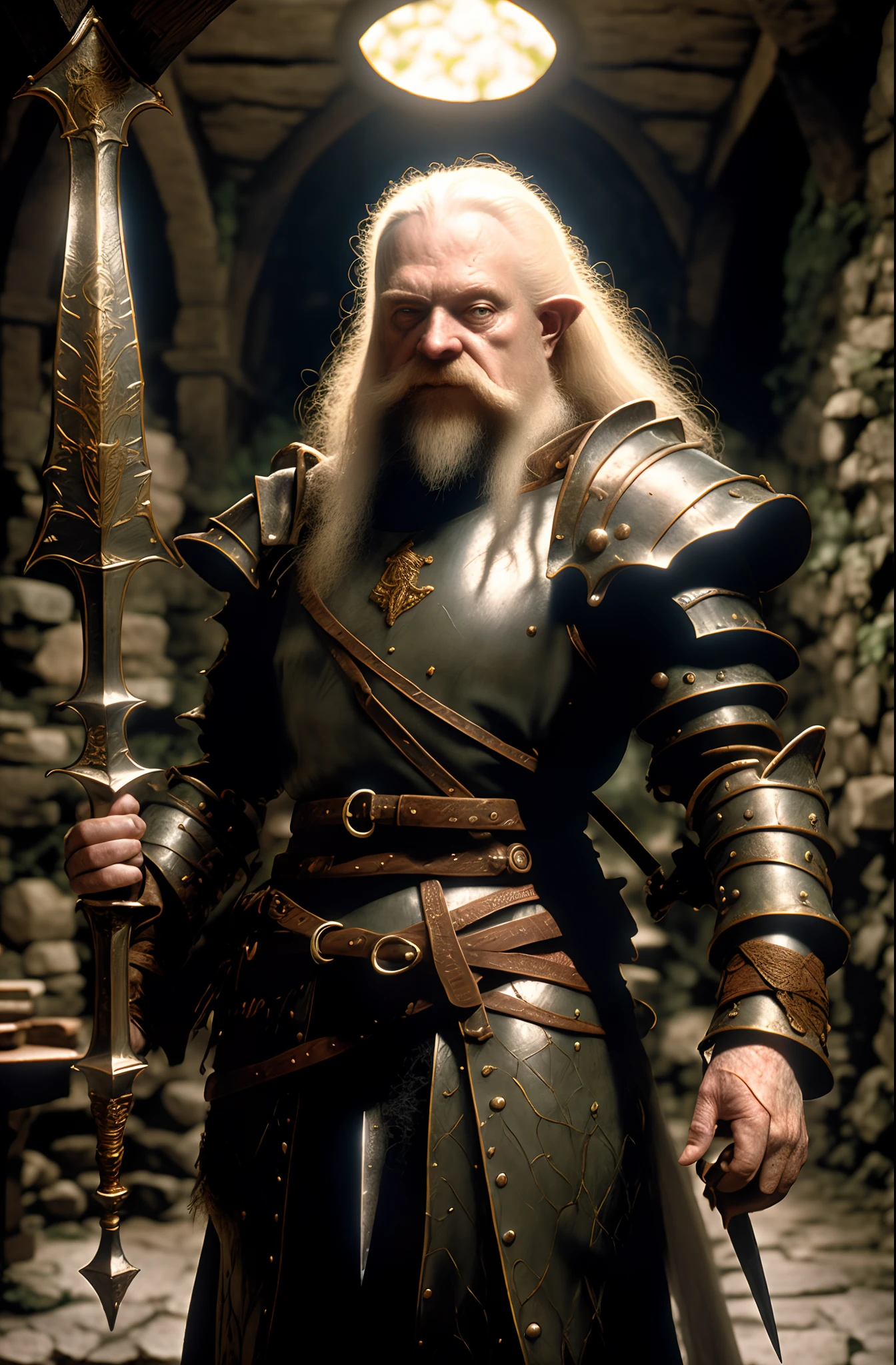 Fantasy dwarf character Albino, Realistic historical plate armor, hussardos alados poloneses, arte de larry elmore, inspirado em Larry Elmore, arte da capa de larry elmore, Dungeons and Dragons 2nd Edition, Advanced dungeons and dragons, Arte da capa de Advanced Dungeons and Dragons, Rendering of artworks from the 70s, fantasia dwarf, curto, cego, pupilas brancas, Albino, Criatura da caverna, fundo escuro, harsh lighting, contrast lighting, Backgrond Dungeon, sinistro, segurando espada, Obras de arte, sangue, gritty artwork, larry elmore style, greyhawk, grimdark, ugly dwarf, blind, white pupils, lord of the rings, holding sword