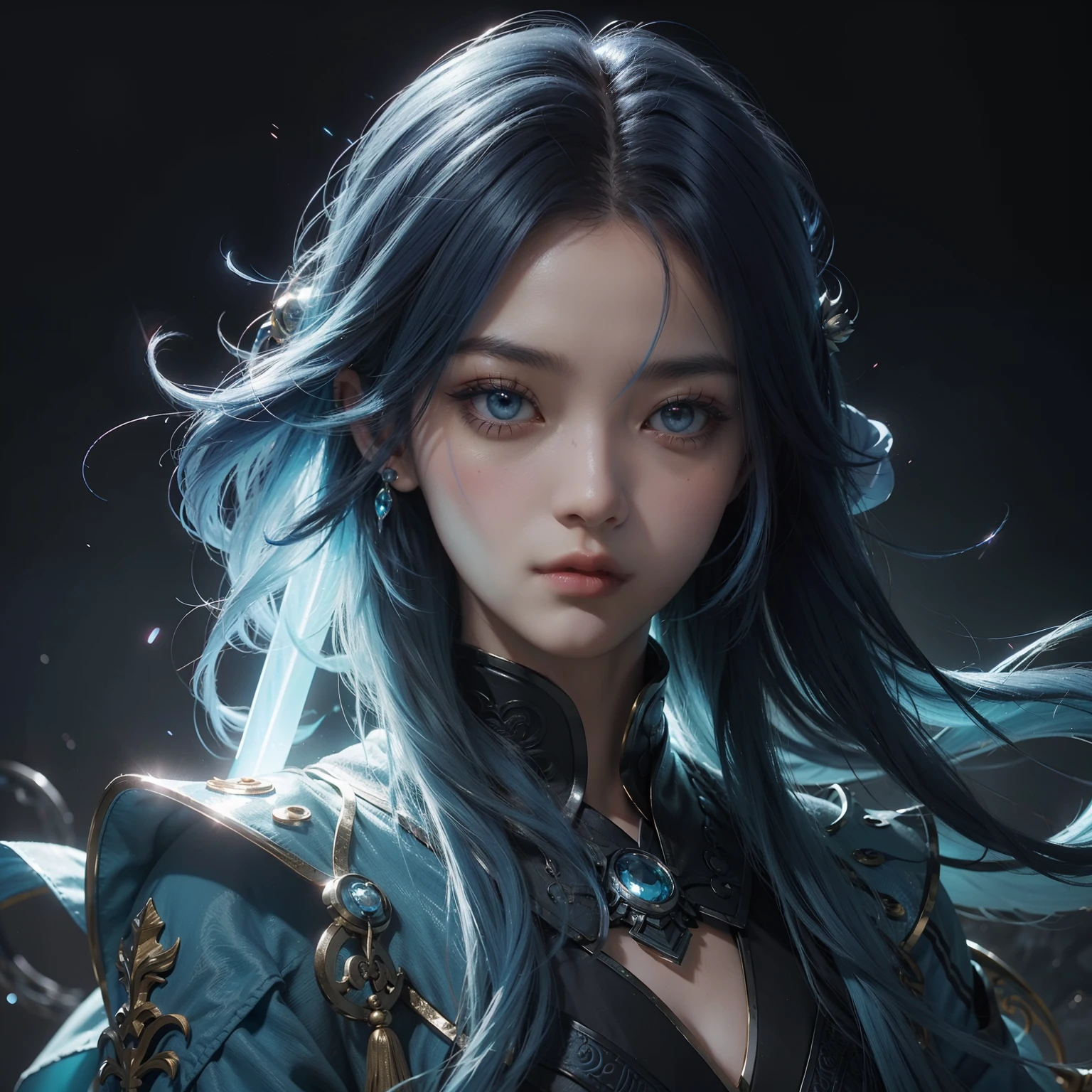 (mysterious:1.3), Surreal mixed fantasy, Oriental dragon, Asian woman holding glowing sword,Void Energy Thunder Sword, Deep sky blue and light sky blue style, Mixed reality and fantasy elements, Vibrant comics, UHD image, Glassy translucent, lively illustrations, Ultra photo realsisim, Long hair, Straight hair, Light purple hair,Head jewelry, jewely, shawl,Light in Eyes, Red eyes, Portrait, Firefly, Bokeh, mysterious, fantasy, Cloud, abstracted, Colorful background, Night sky, Flame, Very detailed, high resolution, Sharp, Sharp Images, 4K, 8K, Masterpiece, Best quality, Magic effects, (High contrast:1.4), Dream art, Diamond, skin detailed, detail in face, eye detailed, Mysterious colorful background, dark blue theme