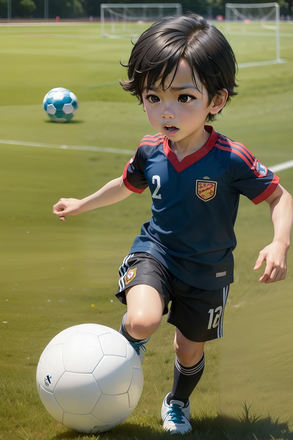 A cute  was especially happy to holding flag, red sleeves, white shorts