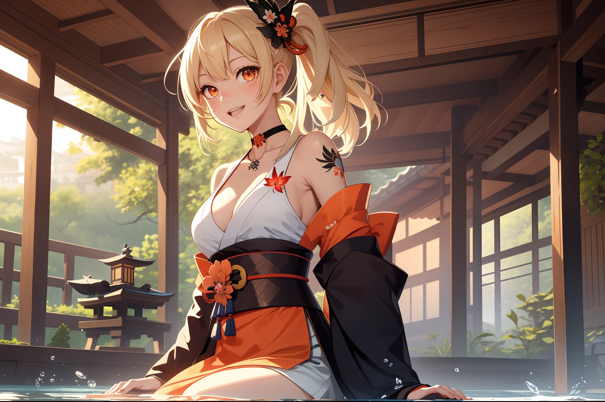 Masterpiece, Best quality, A high resolution, 1girll,(head portrait:1.5),Headshot,Portrait photo, (standing on your feet:1.4),Close-up shot,Blonde hair, Medium hair, Asymmetrical hair, Floating hair, hair between eye, High ponytail, side locks, hair adornments, fish hair ornament, nipple tassels, kanzashi, bangs, Orange eyes, Open mouth, Smile, teeth, Upper teeth only, choker necklace, Red necklace, pendant choker, butterfly choker, 鎖骨, tattoo,Half of your body is in the water,hot onsen, chest tattoo, flower tattoo, cleavage, Medium breasts, Thighs, Bandages, bandaged leg, Arashi, Budget Arashi, Chest sarashi, black sash, hadanugi dousa, houkisei, Japanese clothes, komono, Kinchaku, Obi, Obiage, obijime, orange kimono, pouch, print kimono, Cord, sash, shimenawa, Short kimono, Single bare shoulder, visions (Genshin Impact), east asian architecture, Cherry blossoms, Single glove, Single fingerless gloves, arms cuffs, Sitting, Legs together,