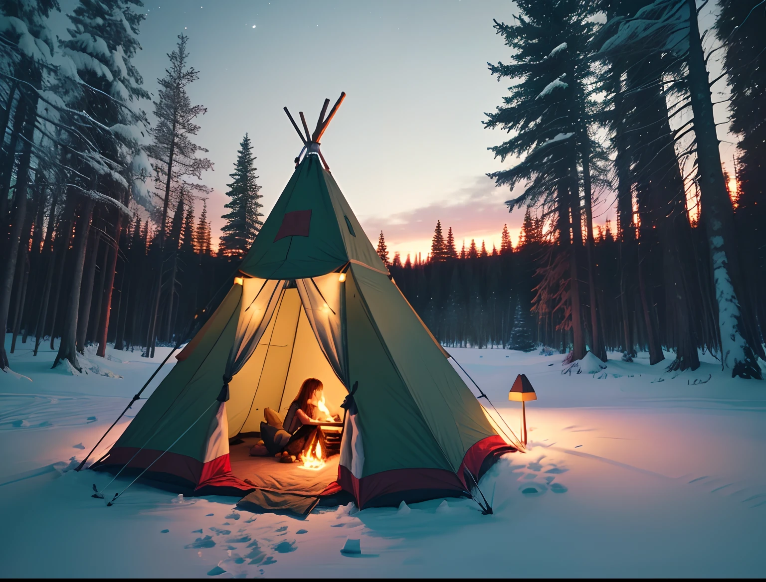 Girl camping alone, In the forest, teepee, bonfire, Moonlight, Delicate and detailed writing, High resolution, 8K, masutepiece