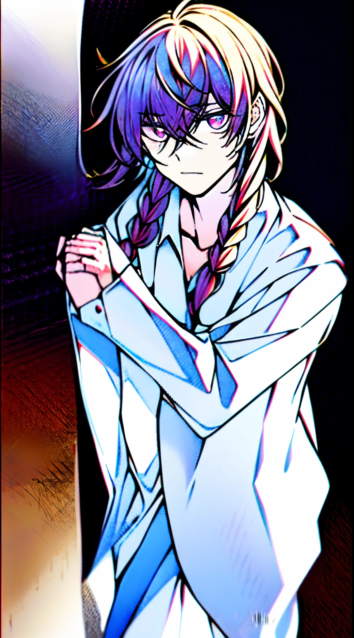 Need,tmasterpiece,whaite hair,Golden eyes,Manteau blanc,Look up,The upper part of the body,Hairline,Fair skin,SideBraid，1boy，1girl，Double portrait，illustratio